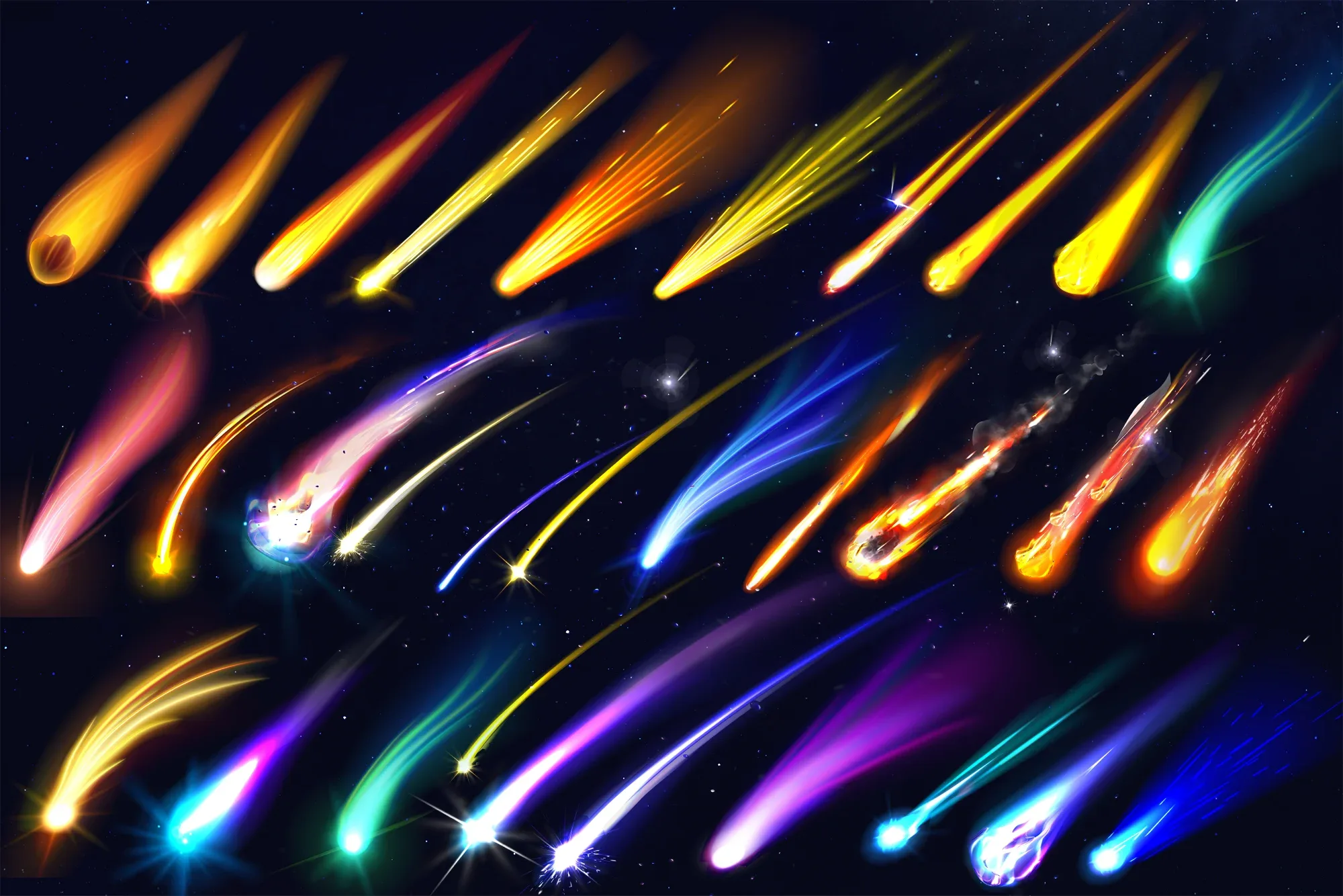 60 Meteorite Light, Come Fall, Galaxy Star Glowing, Burning Comet, Asteroid Flame, Meteor Flash Blast, Fireball Effects, Rock Missile, PNG