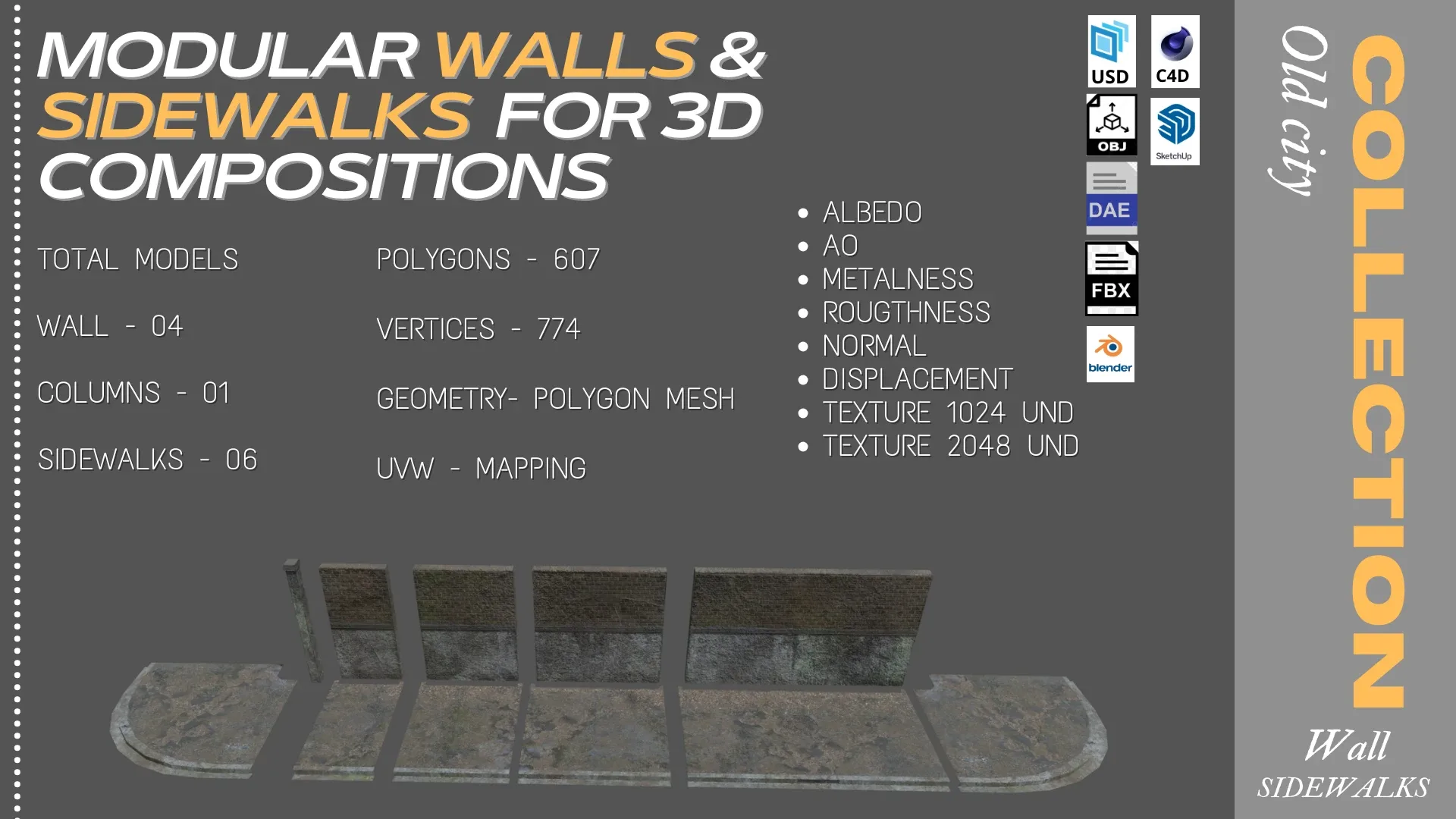 MODULAR WALLS - SIDEWALKS FOR 3D COMPOSITIONS Low-poly 3D model