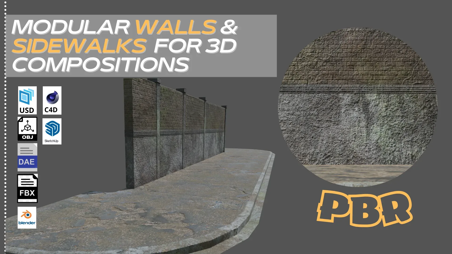 MODULAR WALLS - SIDEWALKS FOR 3D COMPOSITIONS Low-poly 3D model