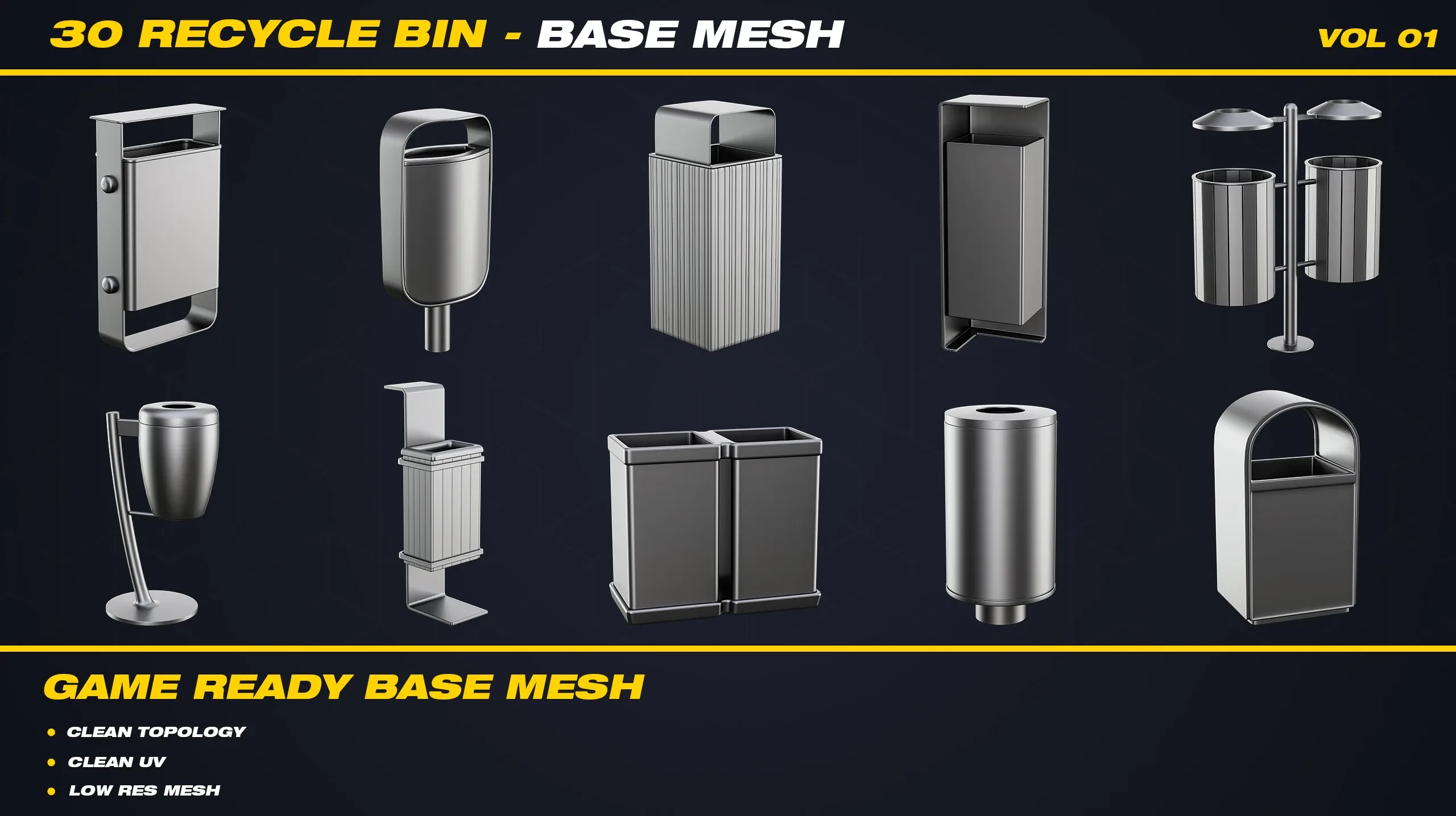 30 Recycle Bin Base Mesh - VOL 01 ( Game Ready )