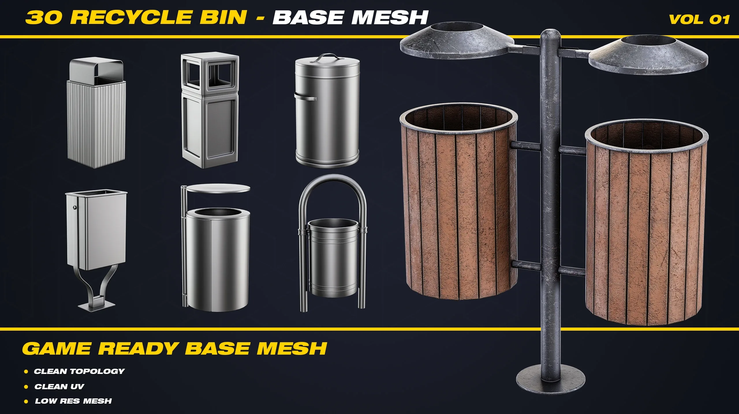 30 Recycle Bin Base Mesh - VOL 01 ( Game Ready )