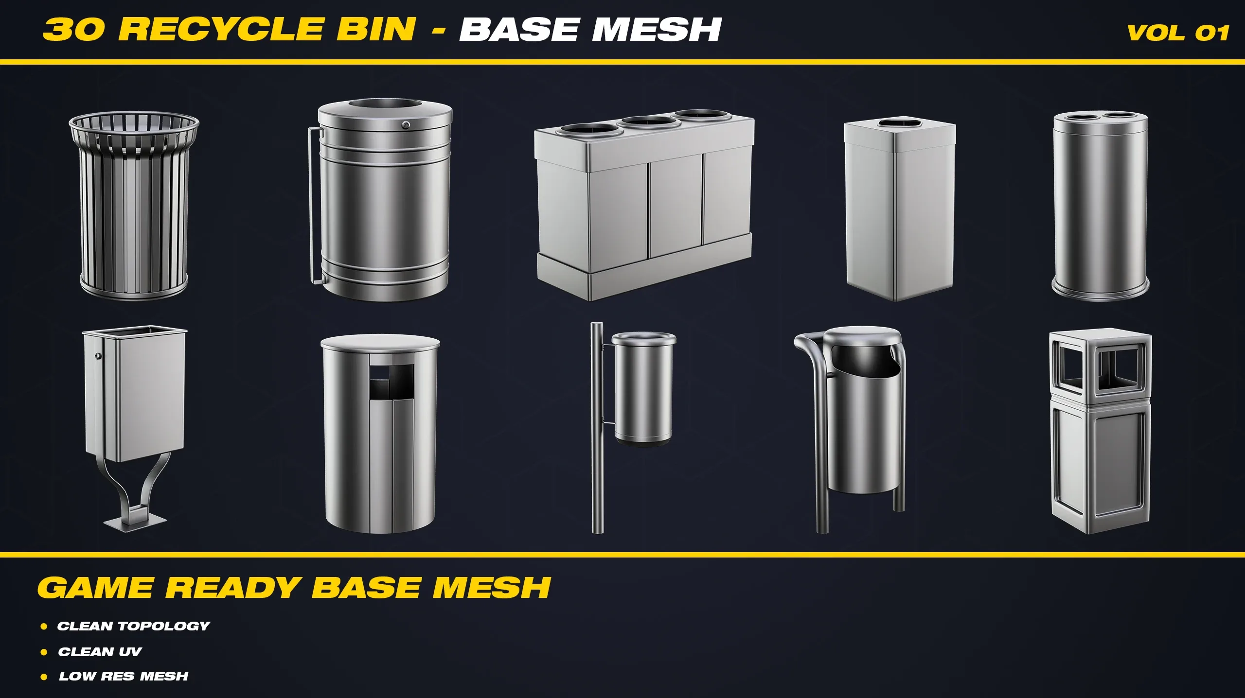 30 Recycle Bin Base Mesh - VOL 01 ( Game Ready )