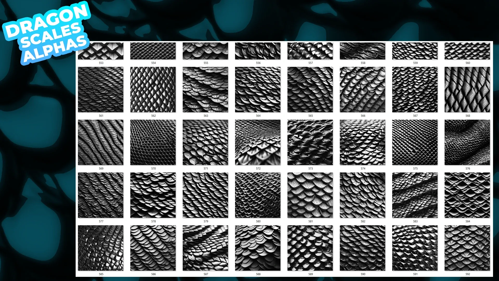 200+ Dragon Scales Alphas for ZBrush, Blender (20 tile alphas) vol.8