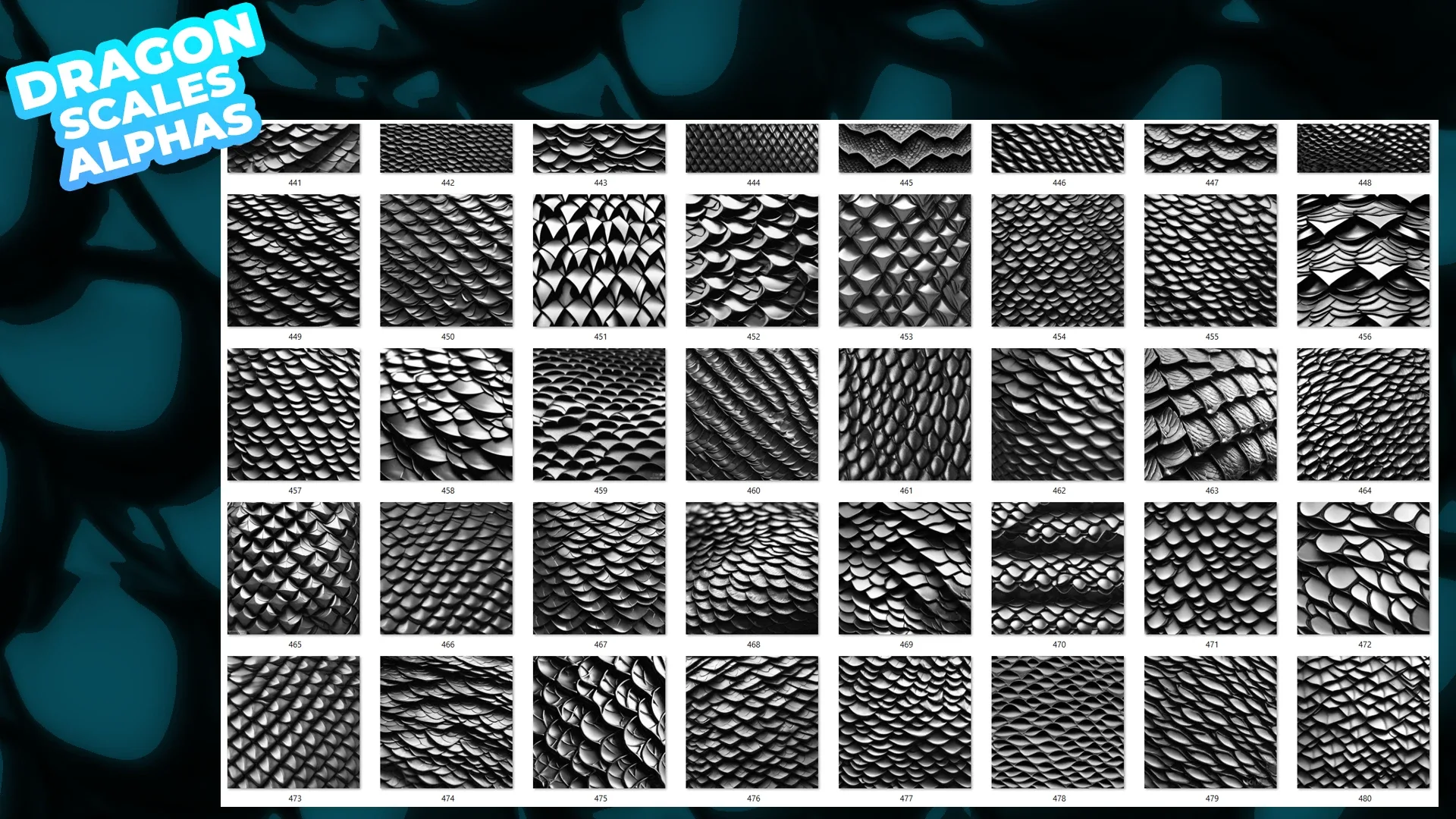 200+ Dragon Scales Alphas for ZBrush, Blender (20 tile alphas) vol.8