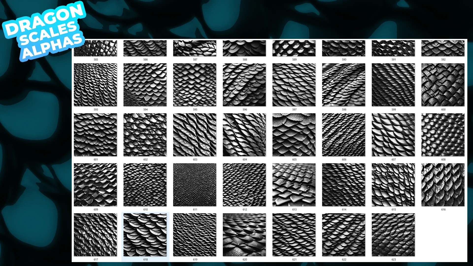 200+ Dragon Scales Alphas for ZBrush, Blender (20 tile alphas) vol.8