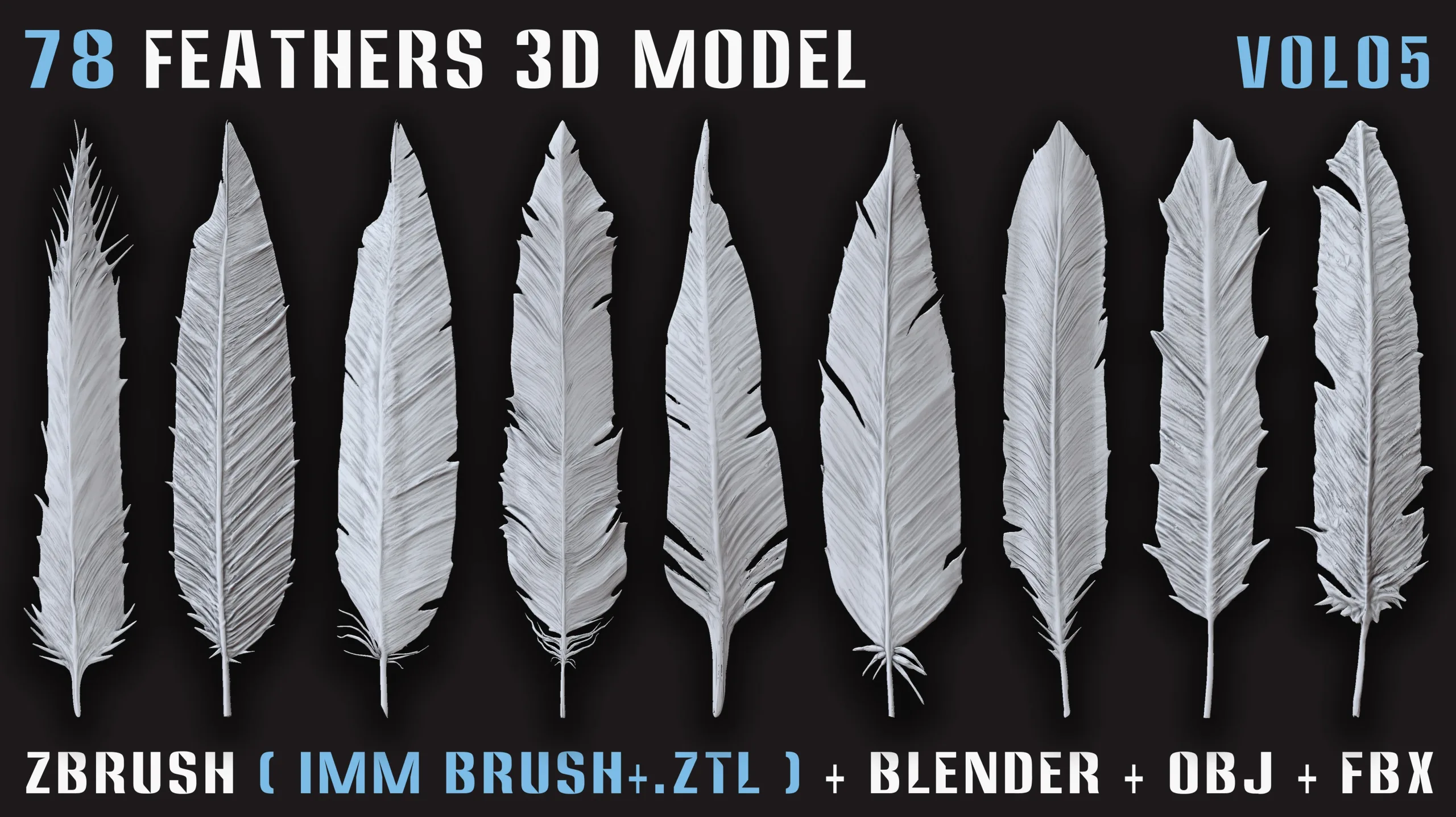 78 Feathers 3D Model (High, Mid, and Low Poly) – Vol.05