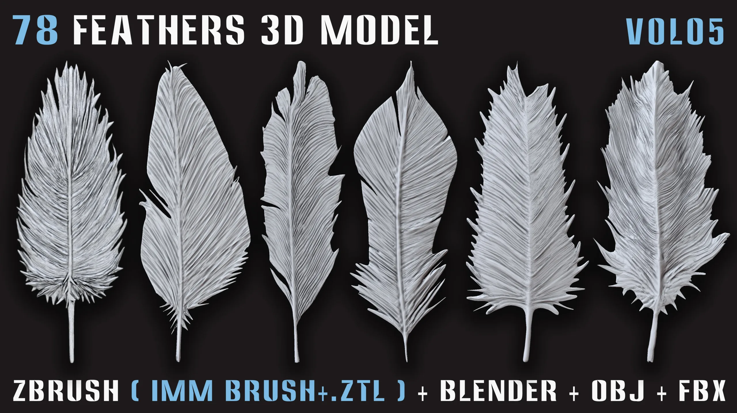 78 Feathers 3D Model (High, Mid, and Low Poly) – Vol.05