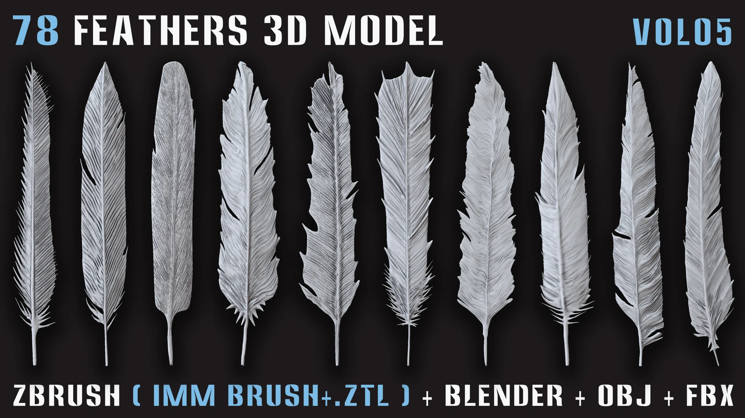 78 Feathers 3D Model (High, Mid, and Low Poly) – Vol.05