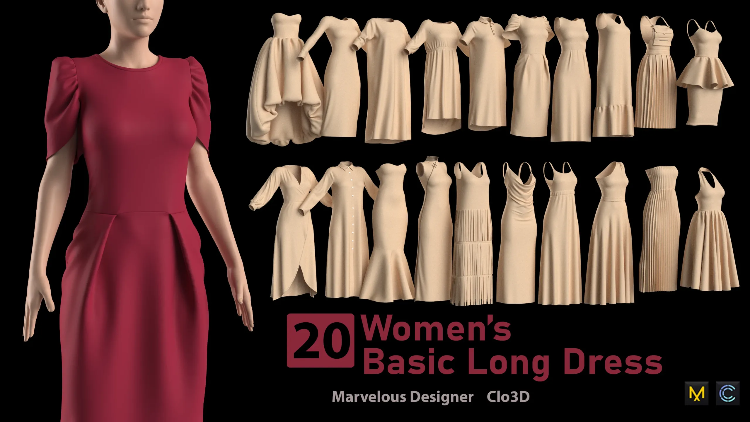 20 Women's Basic Long Dress + Zprj +Obj + Fbx