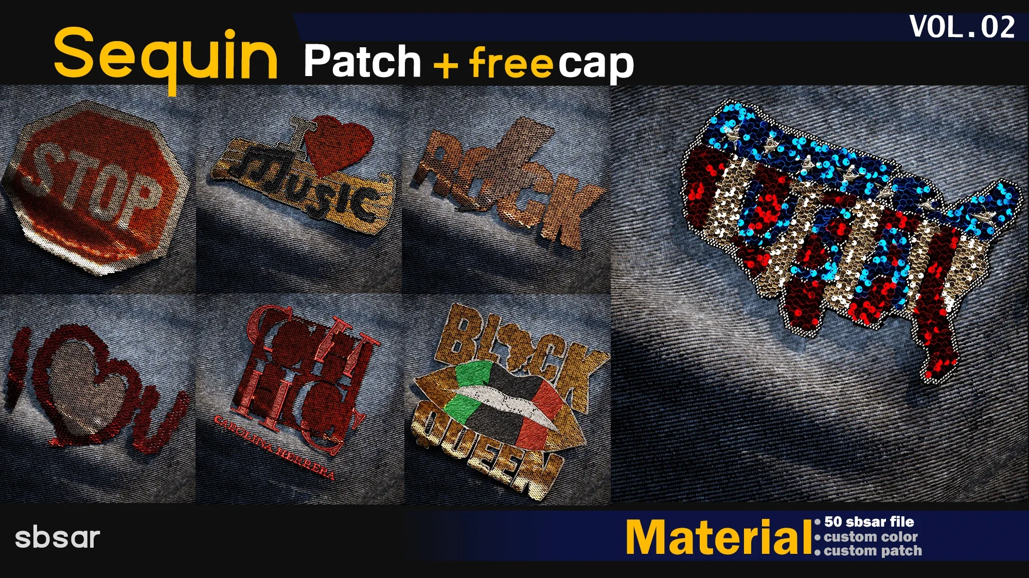 50 Sequin patch -SBSAR + tutorial- custom color -custom decal + cap -VOL 02