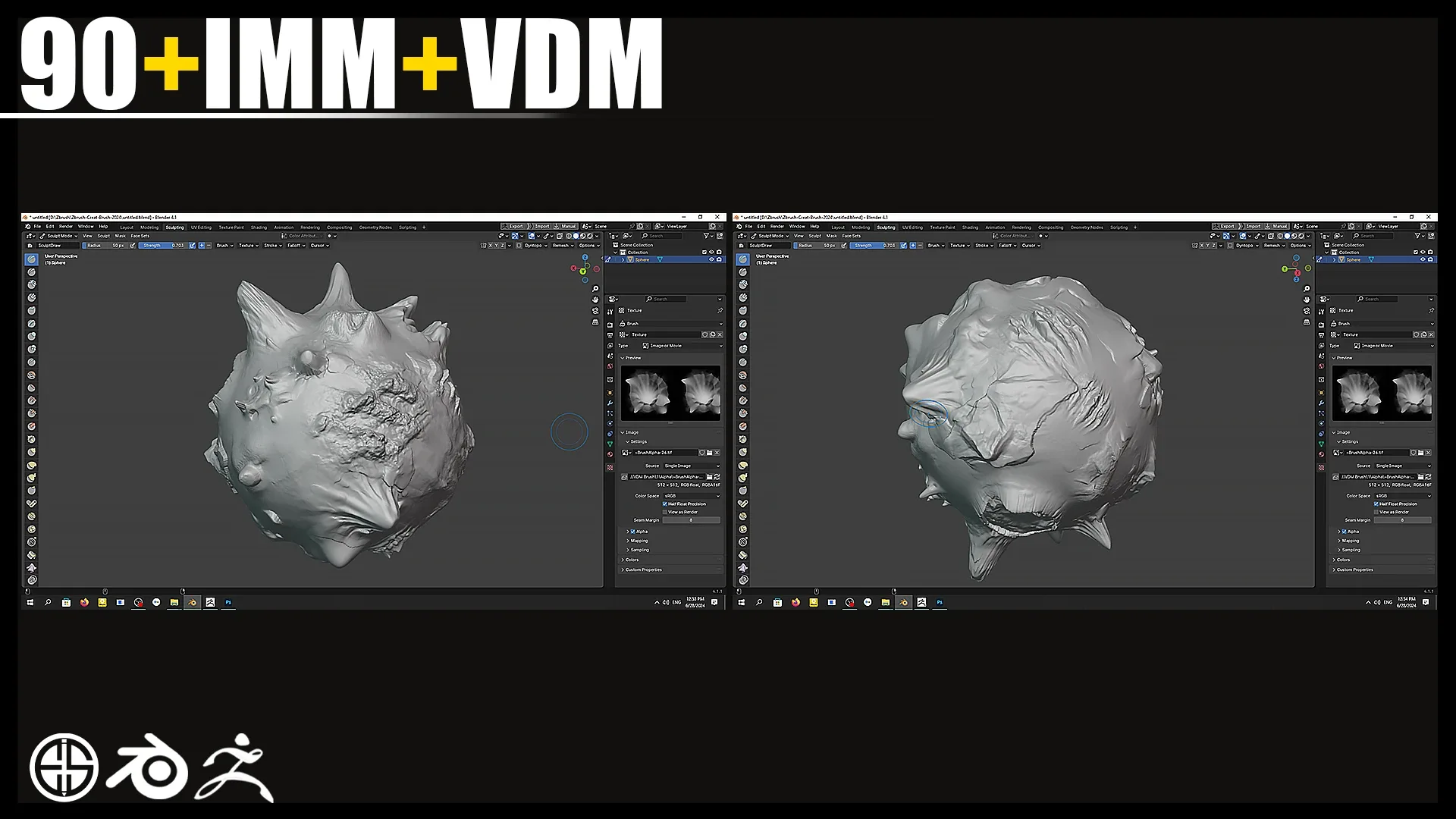 90 HORN IMM + VDM BRUSH SET - Zbrush + Blender Brushes - Vol 01