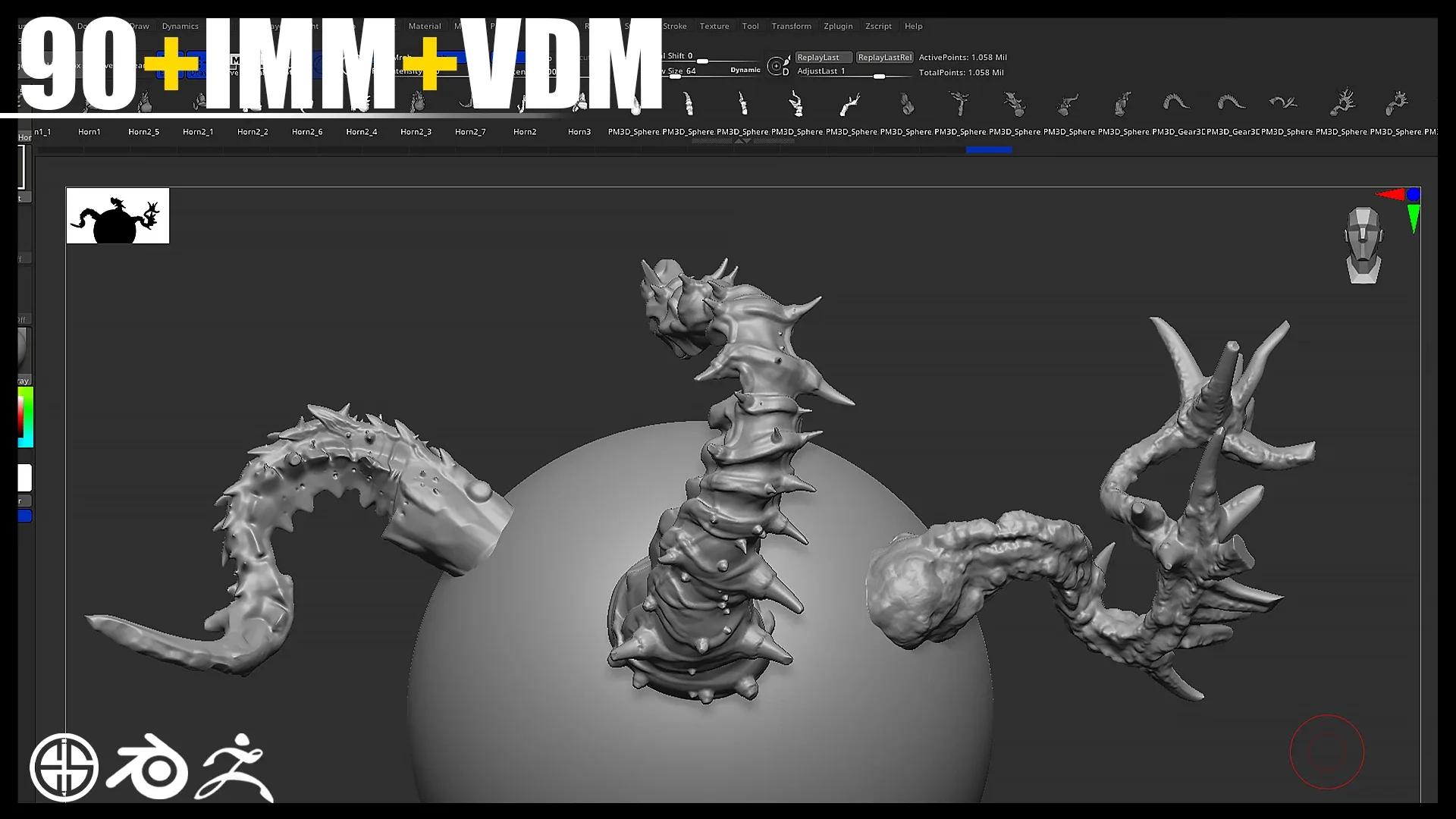 90 HORN IMM + VDM BRUSH SET - Zbrush + Blender Brushes - Vol 01