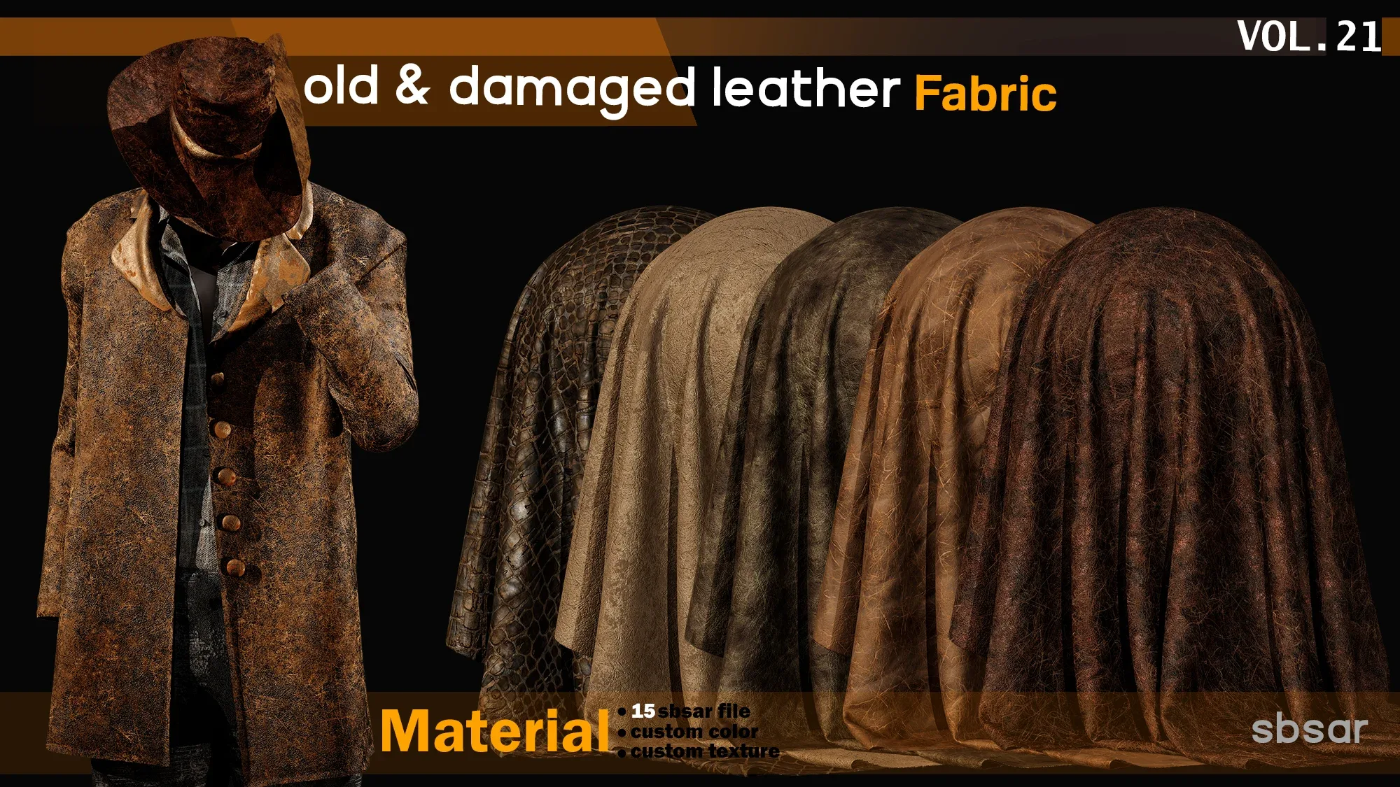 old & damaged leather fabric Material -SBSAR -custom color -custom fabric -VOL 21