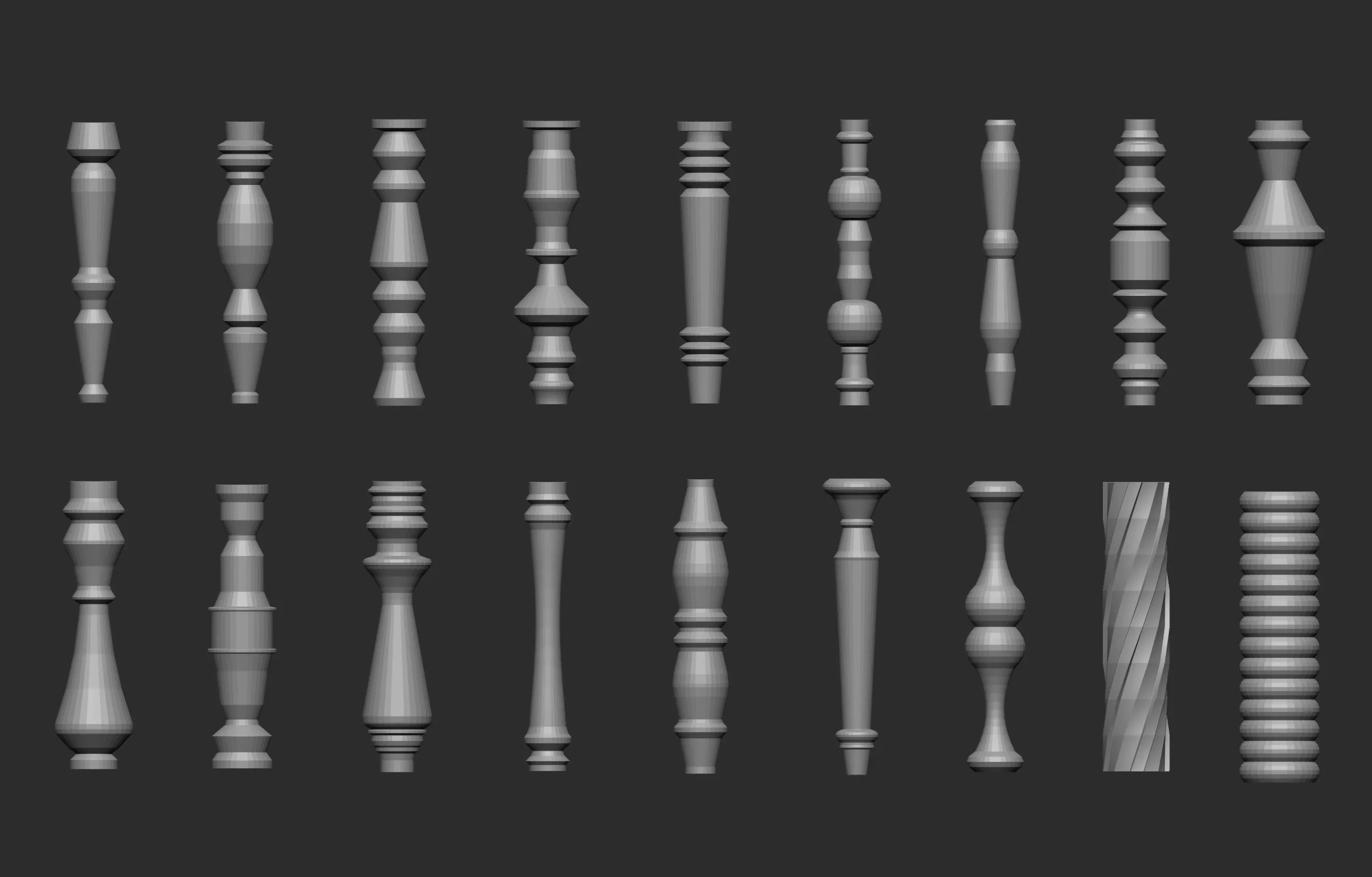 55 Low poly wood carved chair and table parts, pillar base mesh shapes IMM brush set for Zbrush.