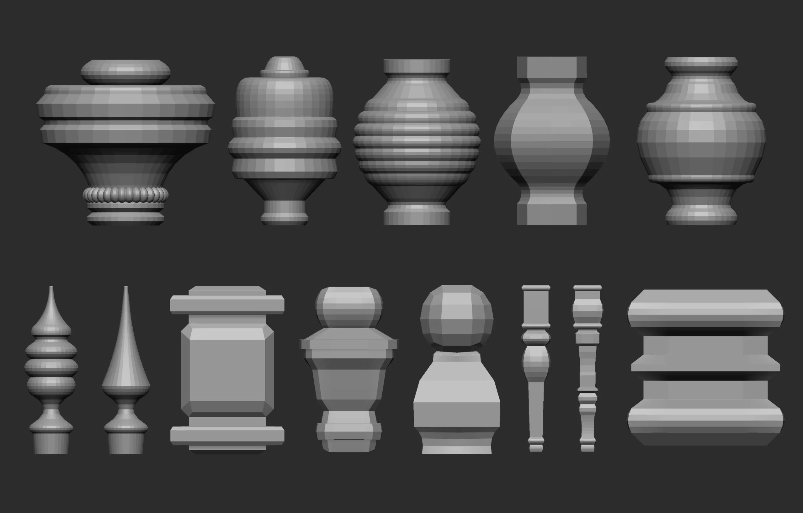 55 Low poly wood carved chair and table parts, pillar base mesh shapes IMM brush set for Zbrush.