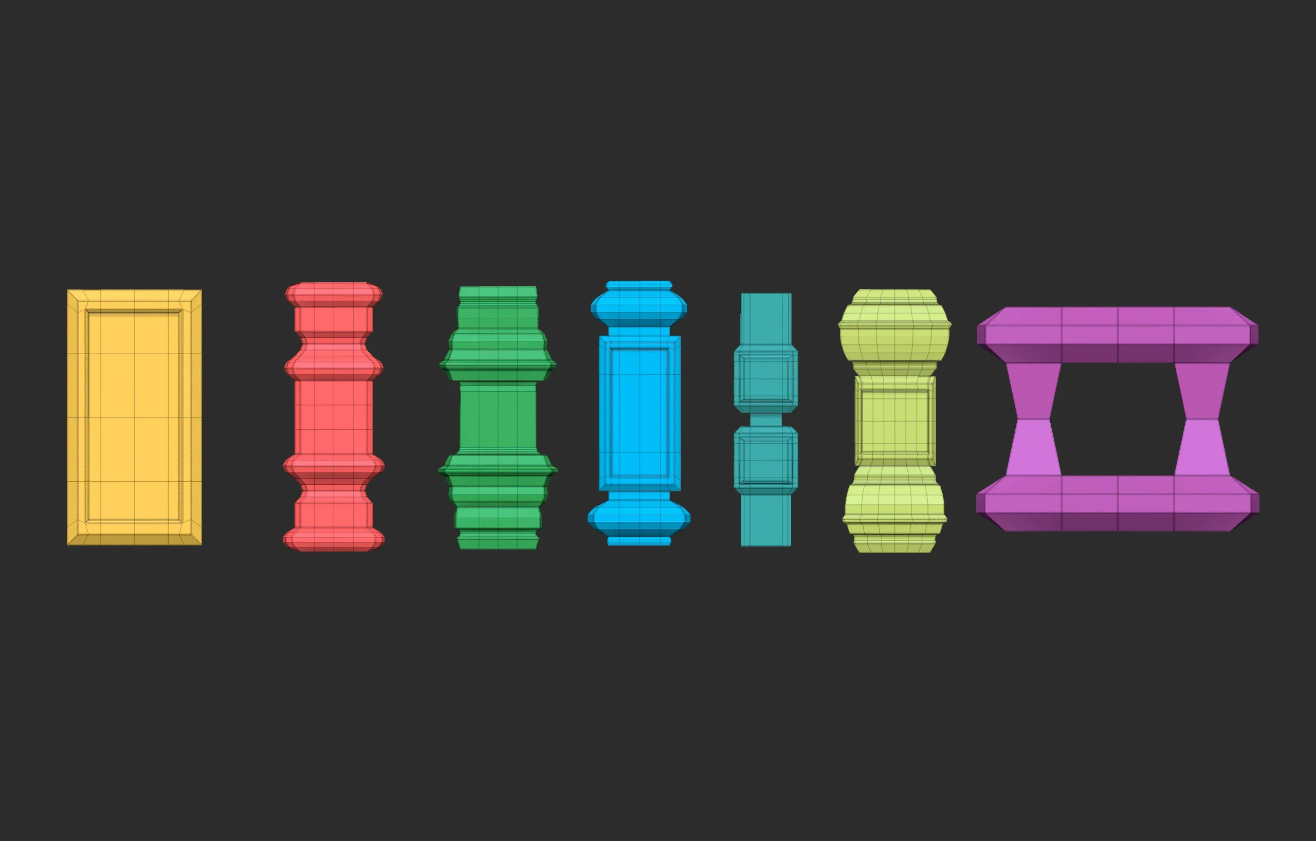 55 Low poly wood carved chair and table parts, pillar base mesh shapes IMM brush set for Zbrush.