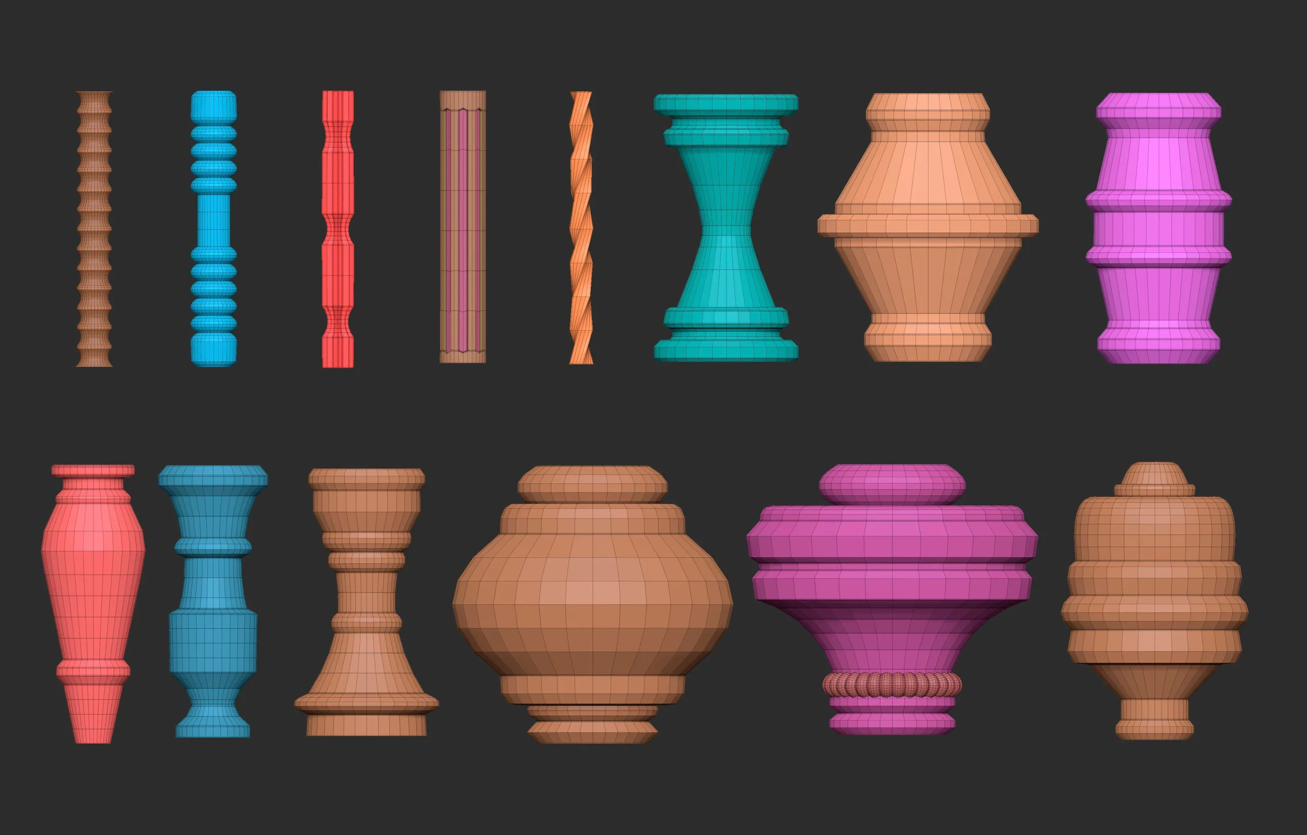 55 Low poly wood carved chair and table parts, pillar base mesh shapes IMM brush set for Zbrush.