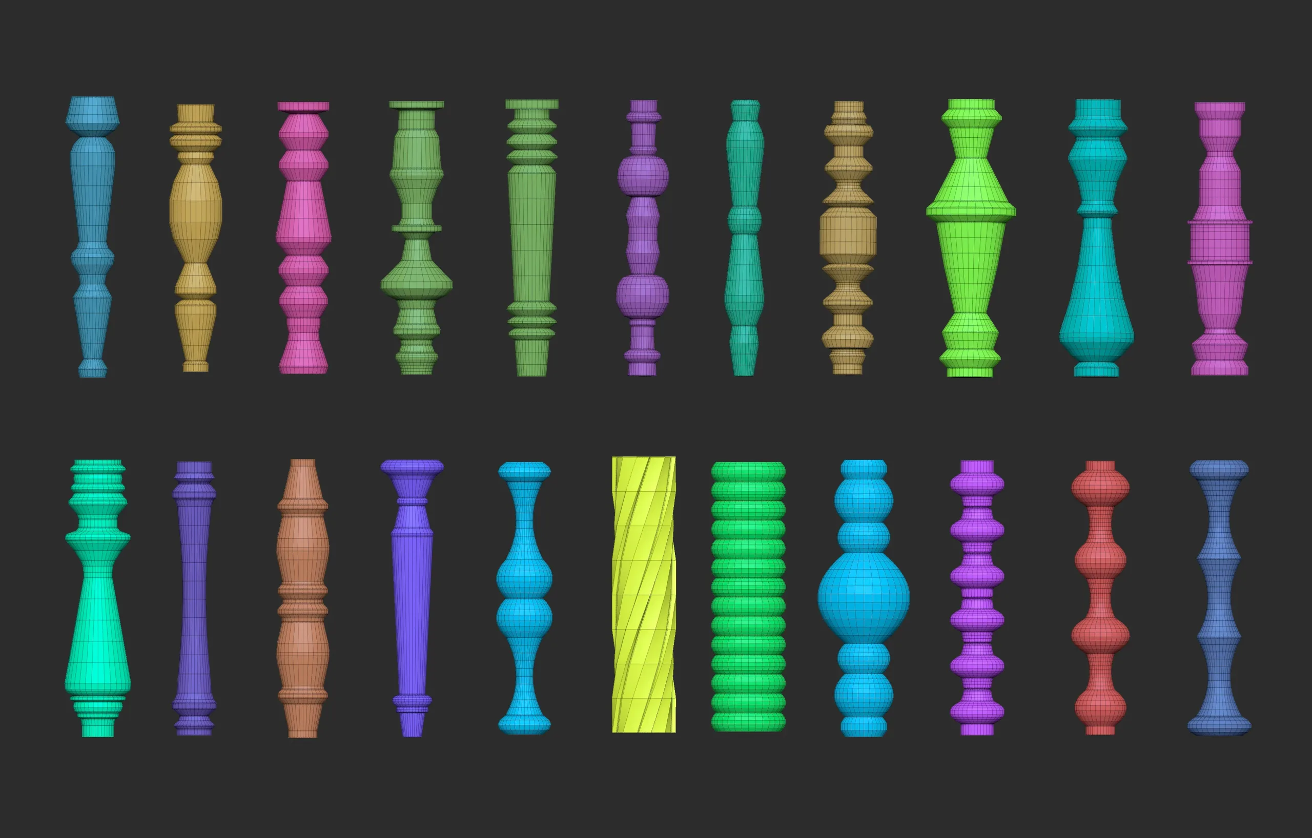 55 Low poly wood carved chair and table parts, pillar base mesh shapes IMM brush set for Zbrush.