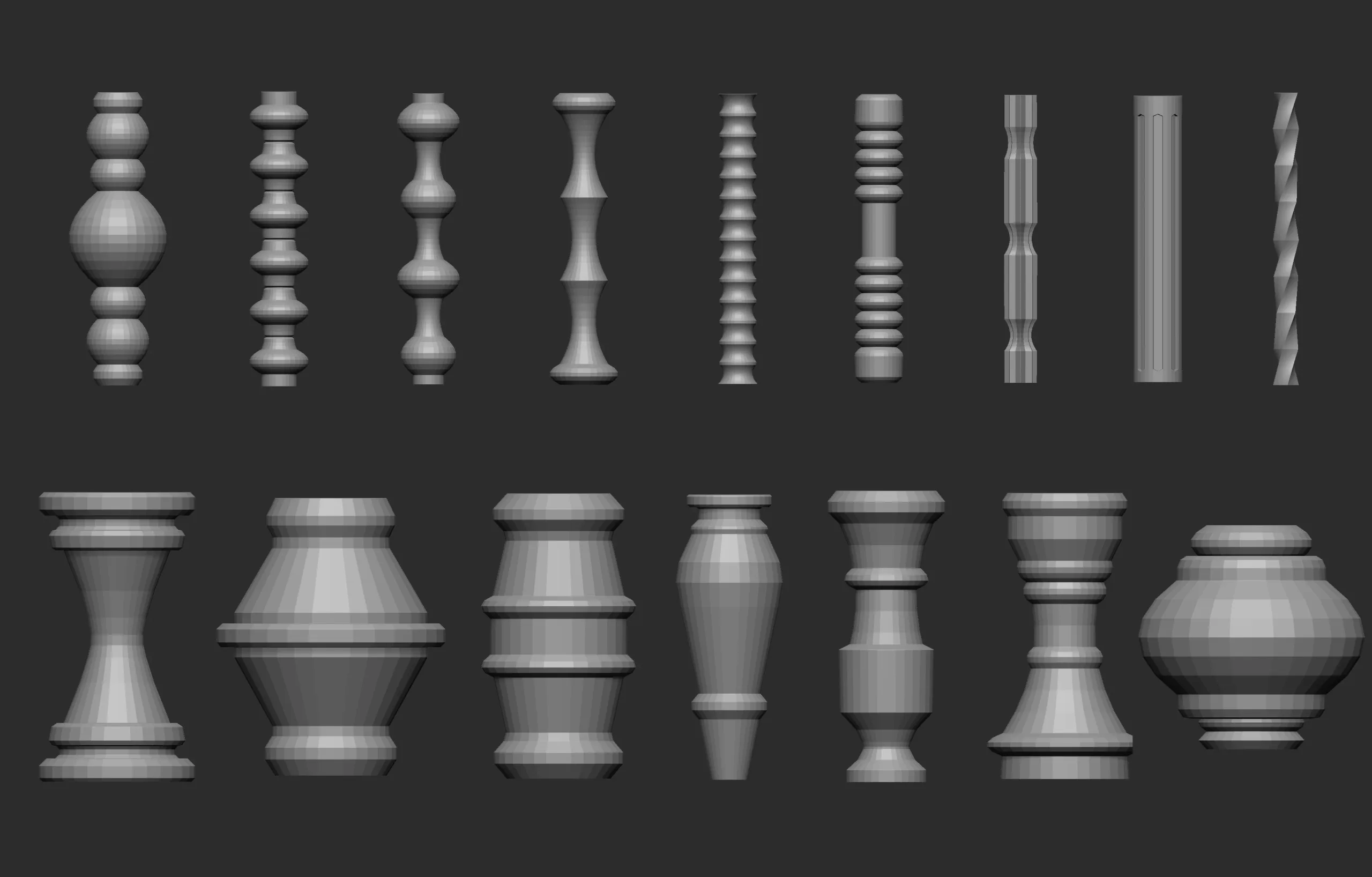 55 Low poly wood carved chair and table parts, pillar base mesh shapes IMM brush set for Zbrush.