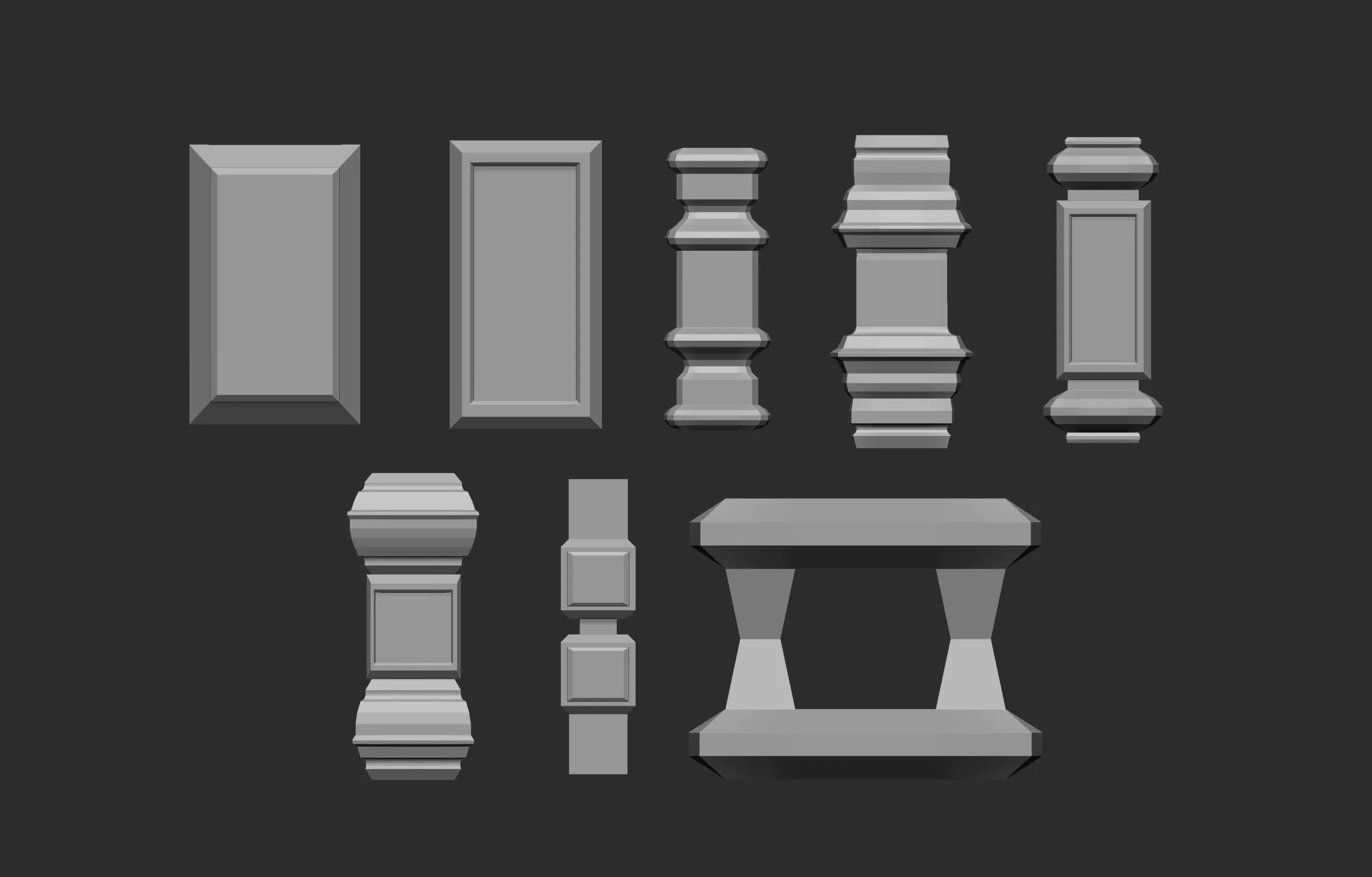 55 Low poly wood carved chair and table parts, pillar base mesh shapes IMM brush set for Zbrush.