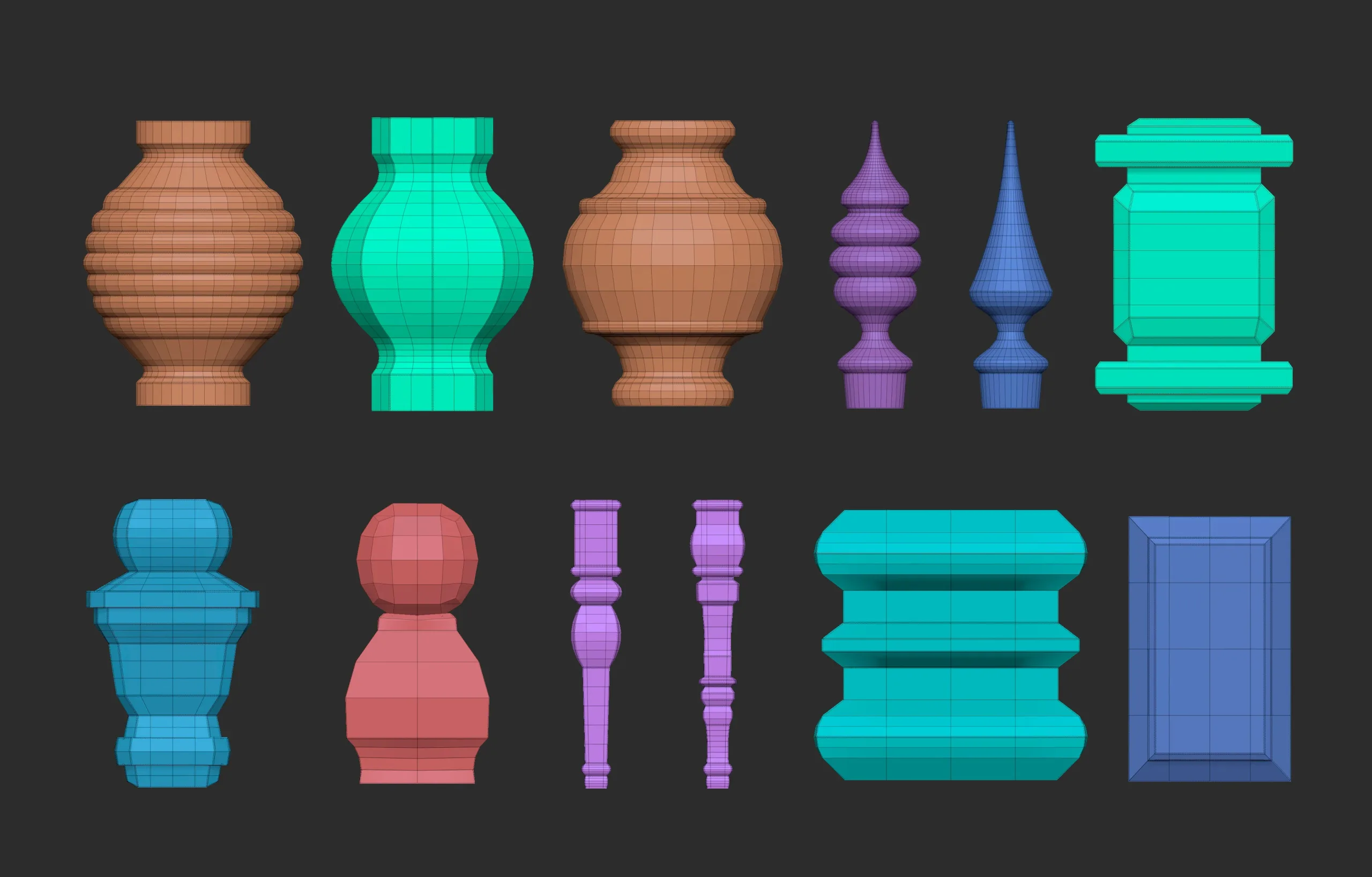 55 Low poly wood carved chair and table parts, pillar base mesh shapes IMM brush set for Zbrush.