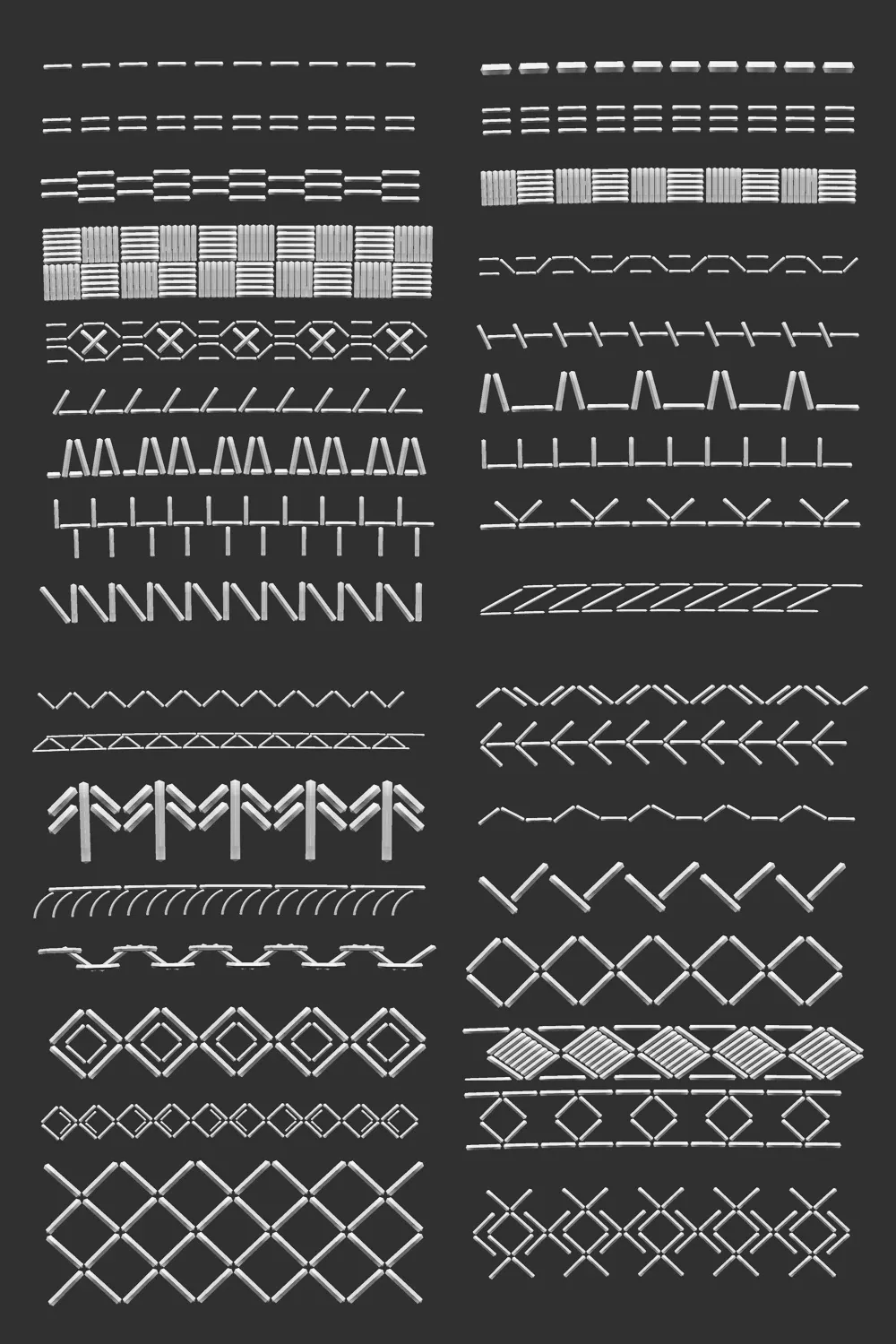 70 Low poly stitch, sewing seams ornament IMM and IMM curve brushes for Zbrush.