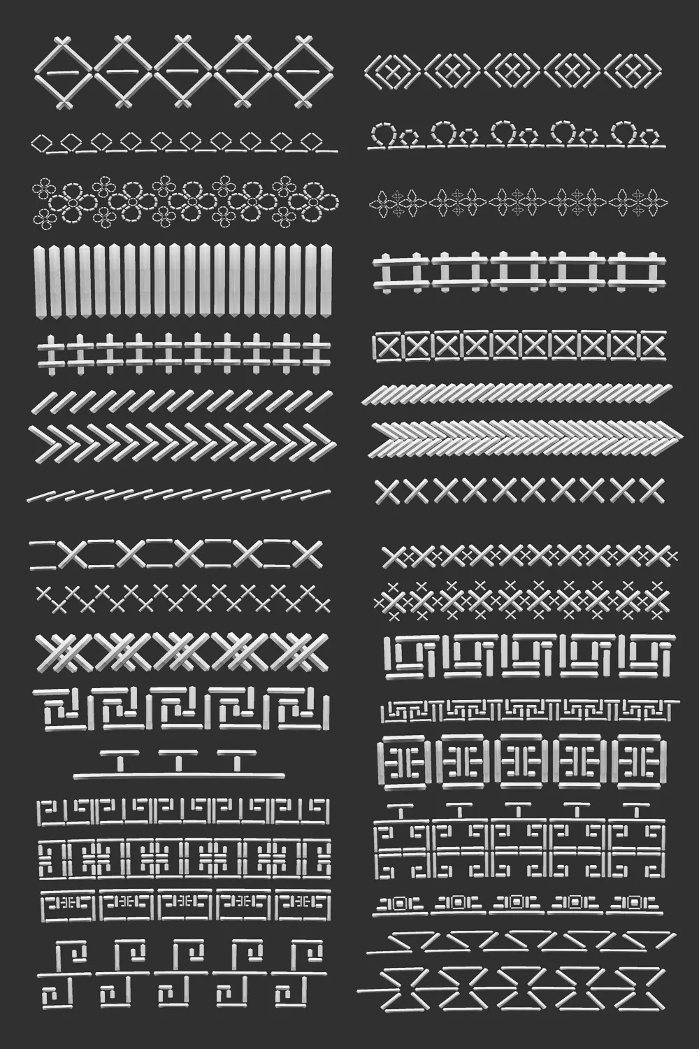 70 Low poly stitch, sewing seams ornament IMM and IMM curve brushes for Zbrush.