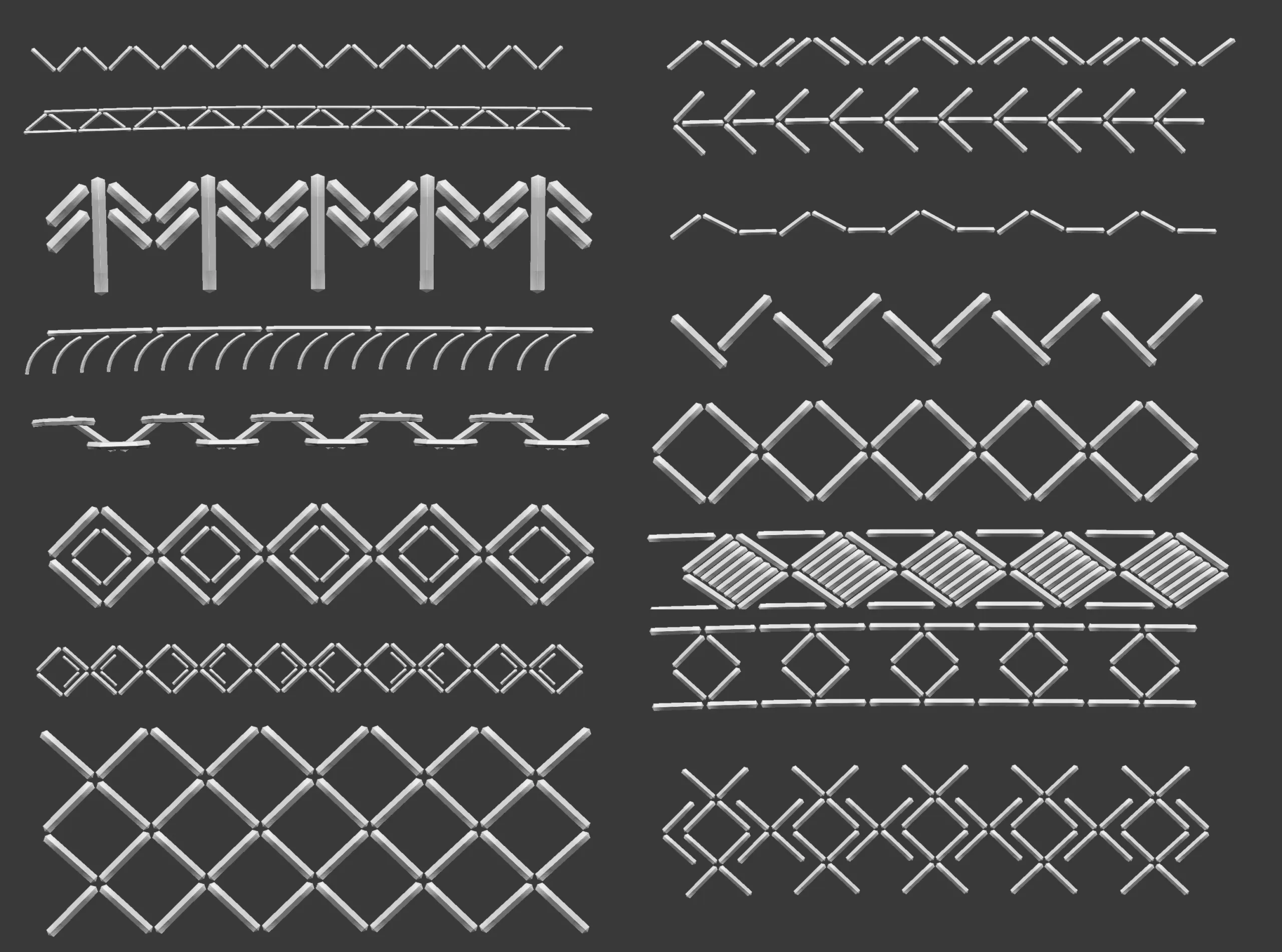 70 Low poly stitch, sewing seams ornament IMM and IMM curve brushes for Zbrush.