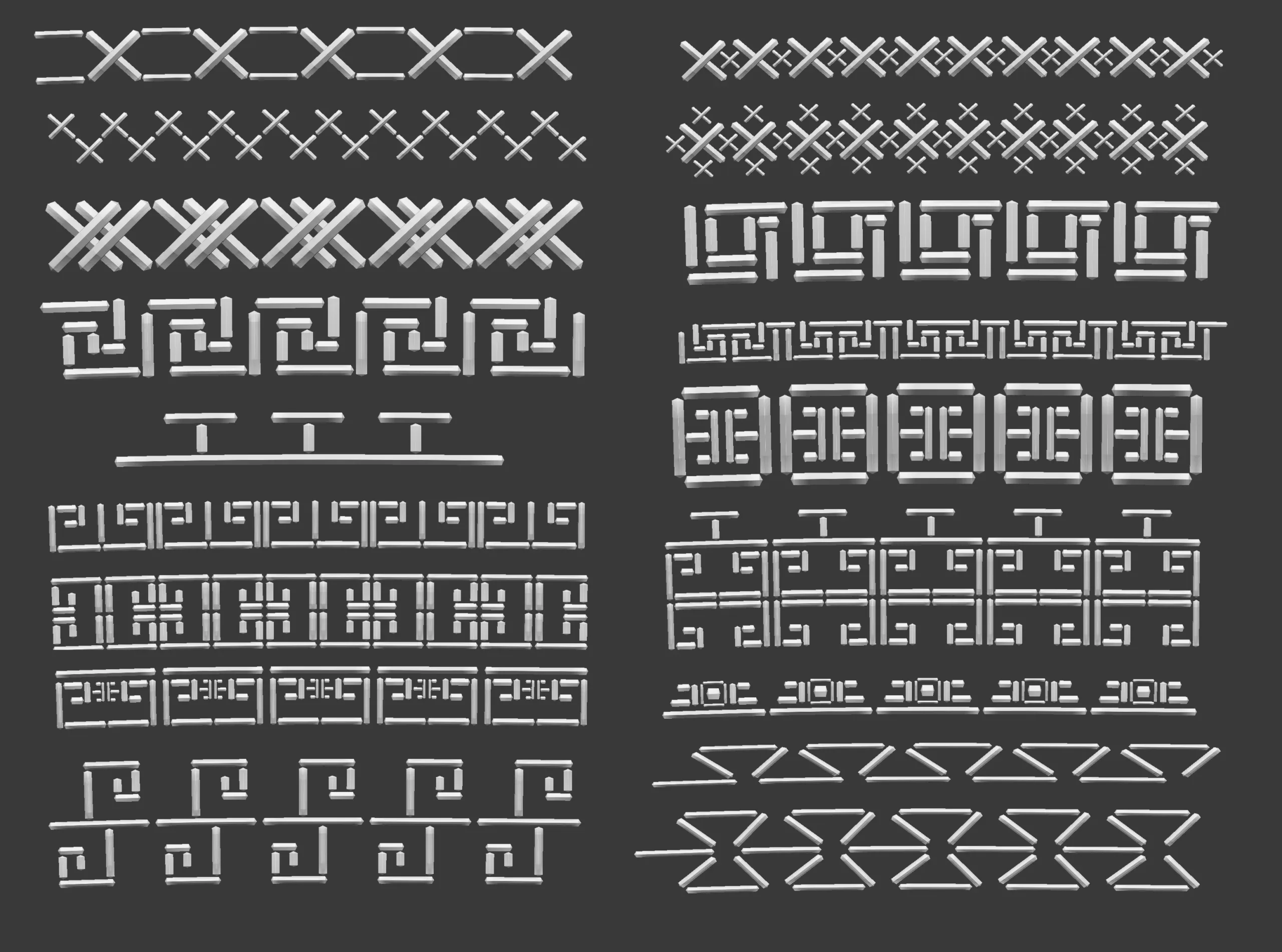70 Low poly stitch, sewing seams ornament IMM and IMM curve brushes for Zbrush.