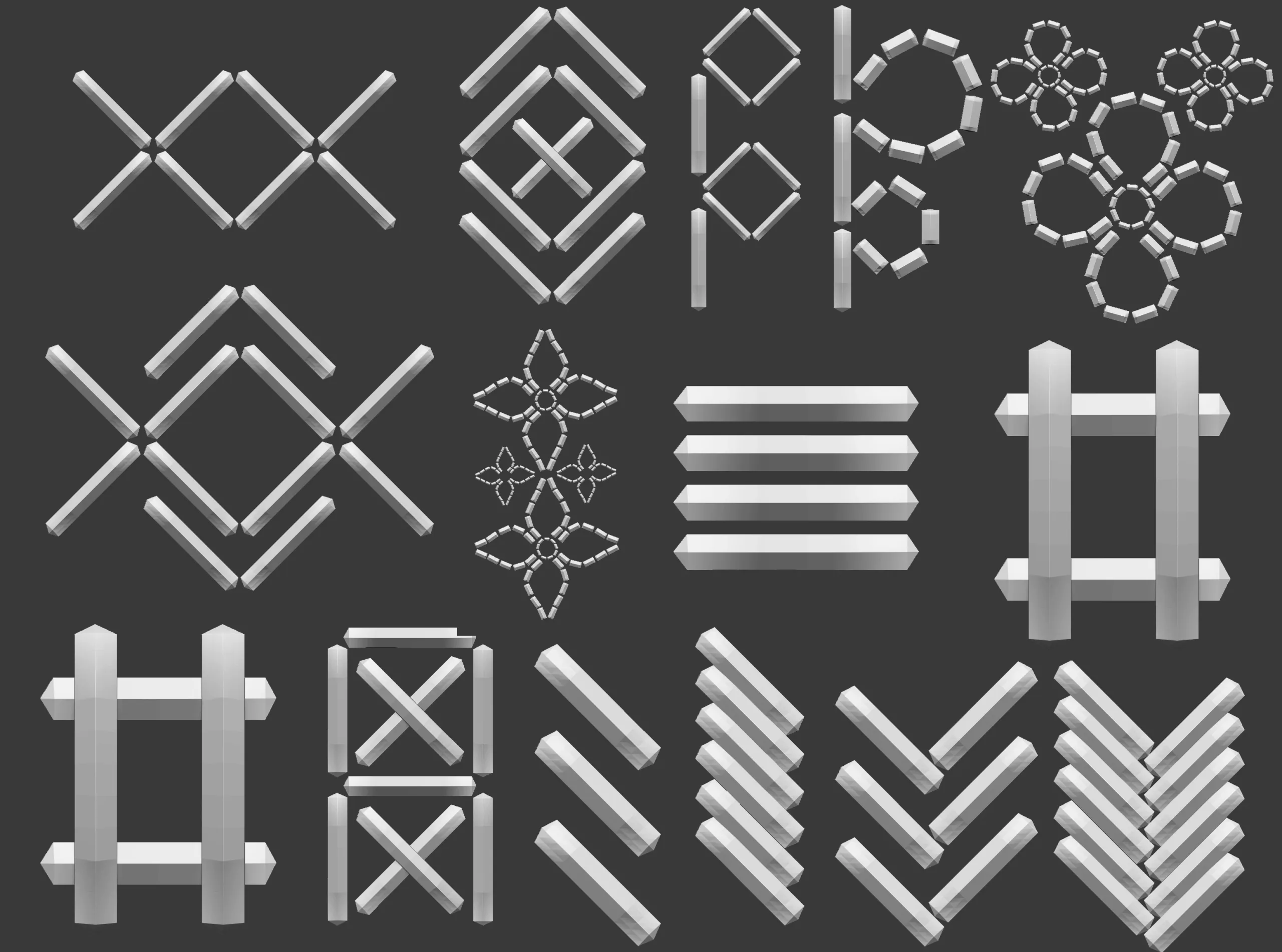 70 Low poly stitch, sewing seams ornament IMM and IMM curve brushes for Zbrush.