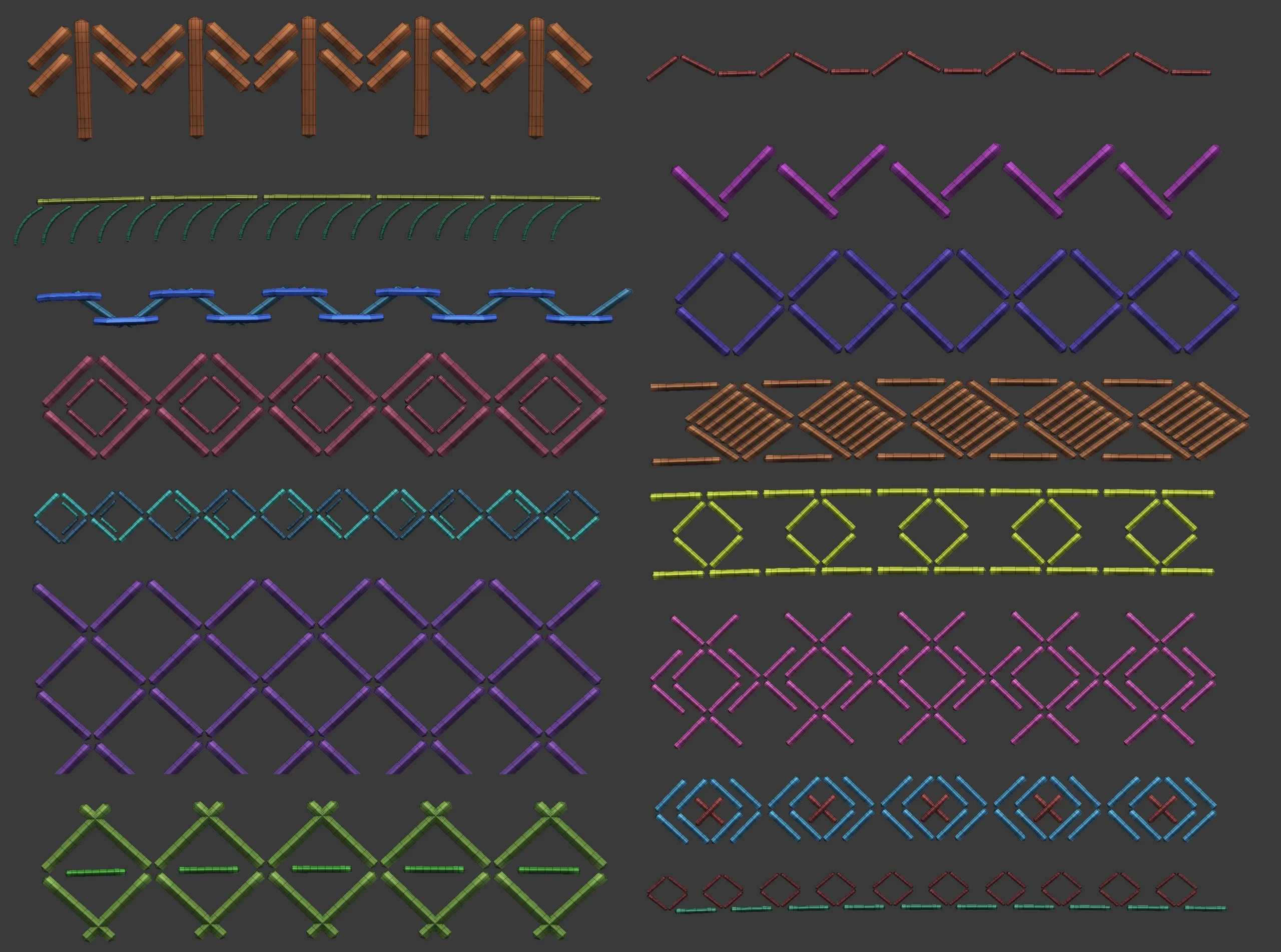 70 Low poly stitch, sewing seams ornament IMM and IMM curve brushes for Zbrush.
