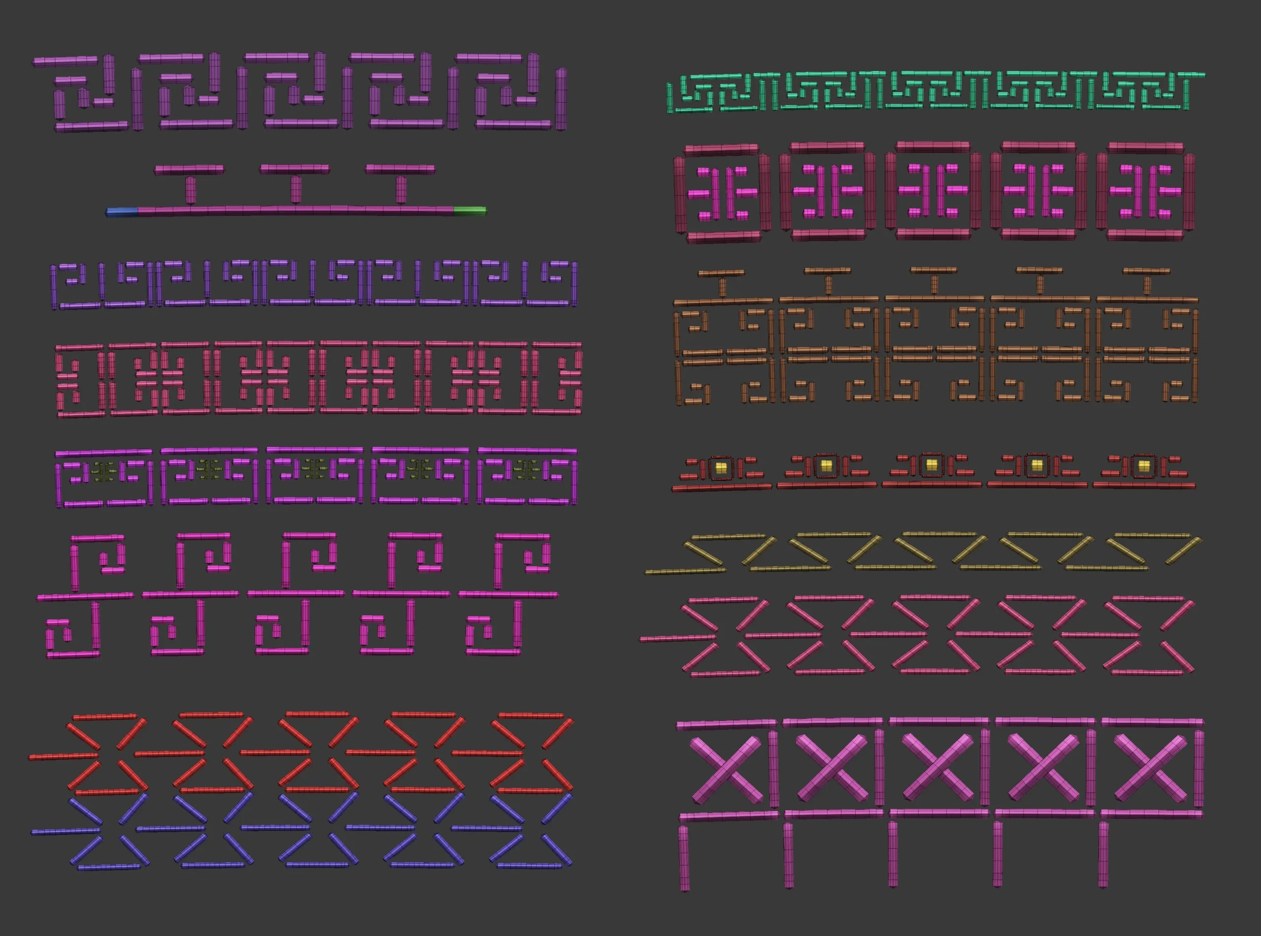 70 Low poly stitch, sewing seams ornament IMM and IMM curve brushes for Zbrush.