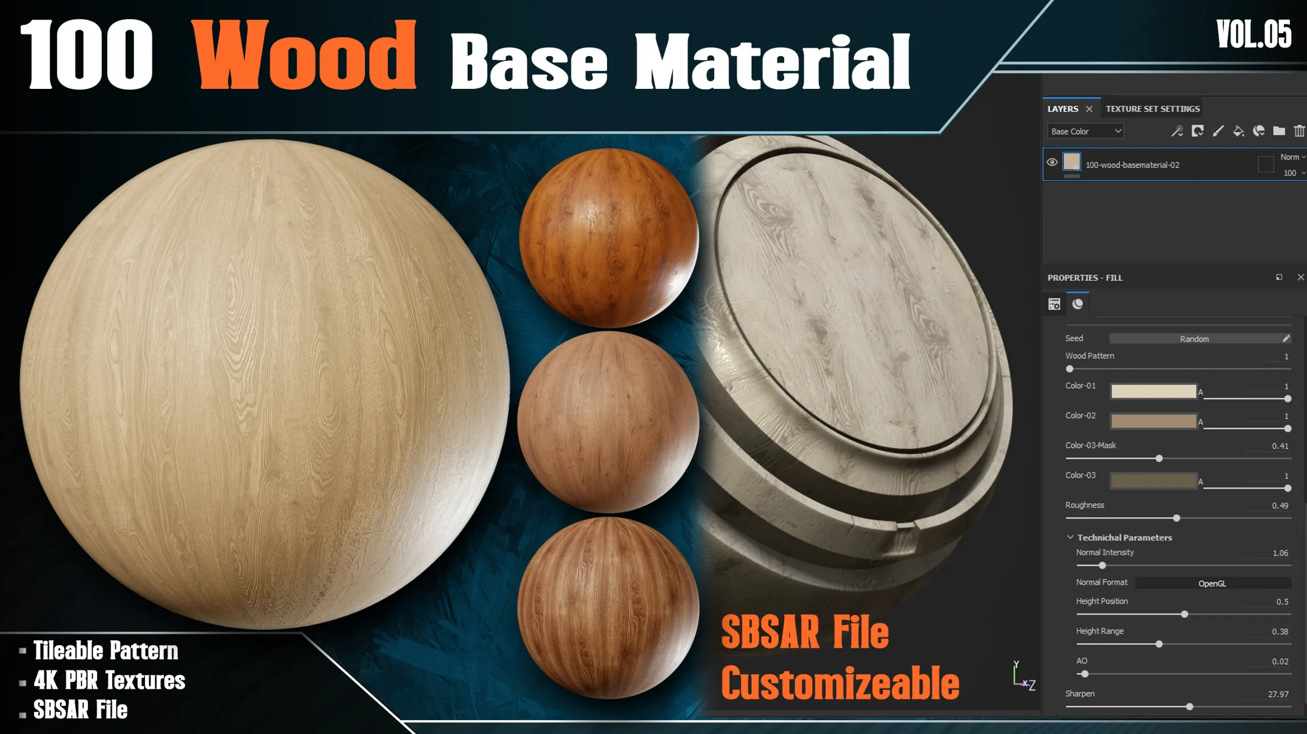 100 Wood Base Material - Vol.05 (4k PBR Textures + SBSAR File)