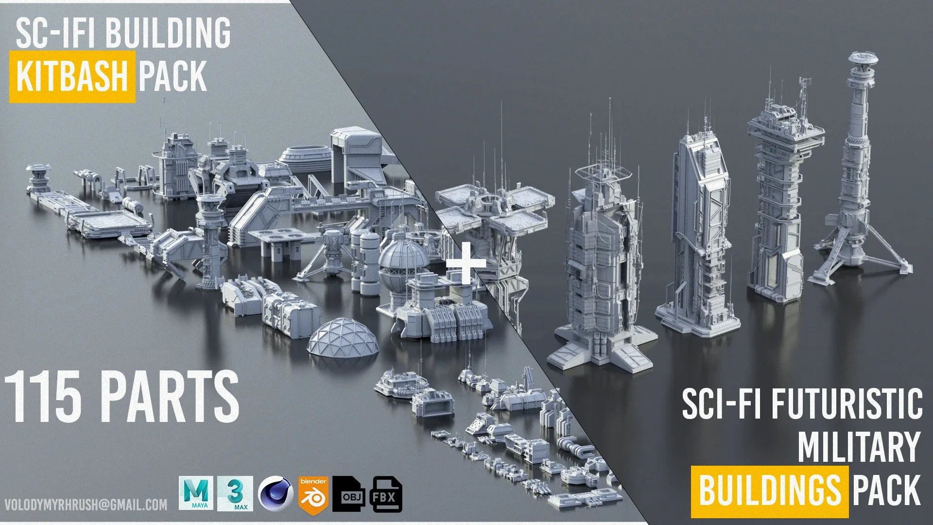115 Sci-Fi Kitbash Parts and 7 Unique Sci-Fi Buildings - BUNDLE