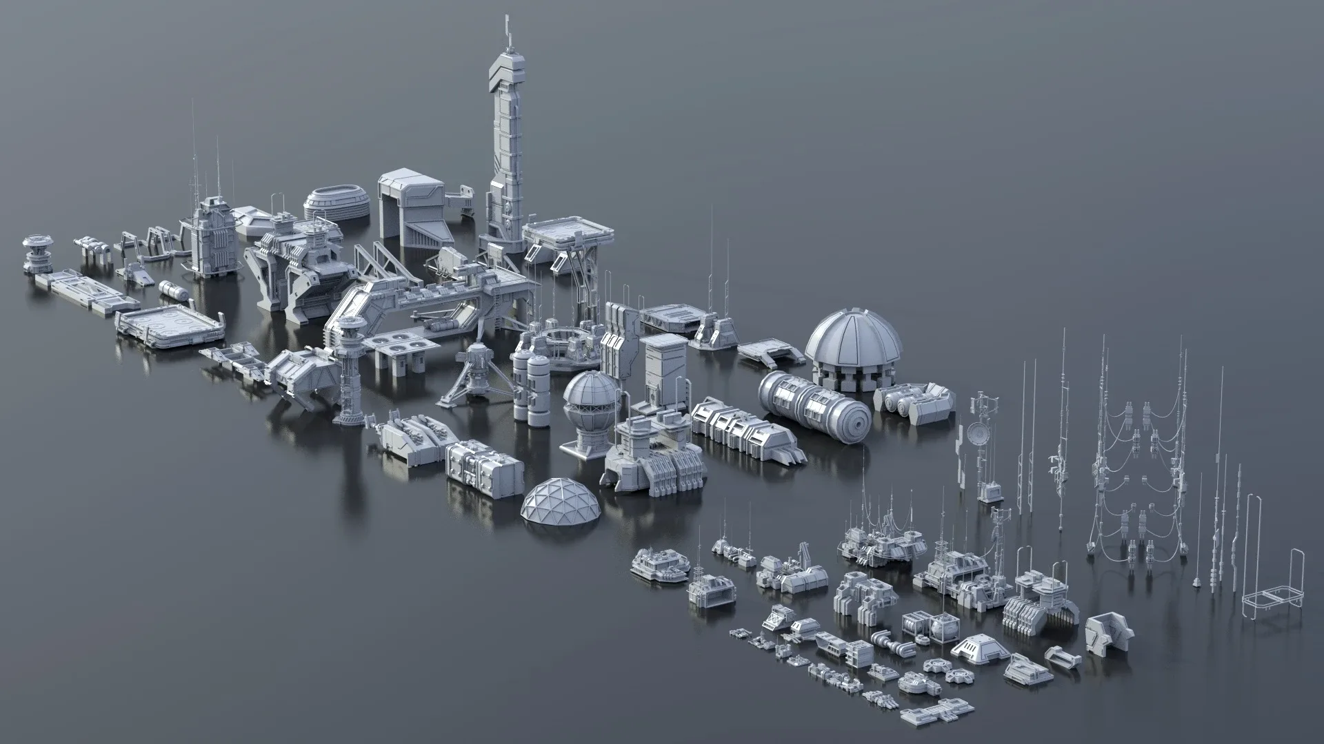 115 Sci-Fi Kitbash Parts and 7 Unique Sci-Fi Buildings - BUNDLE