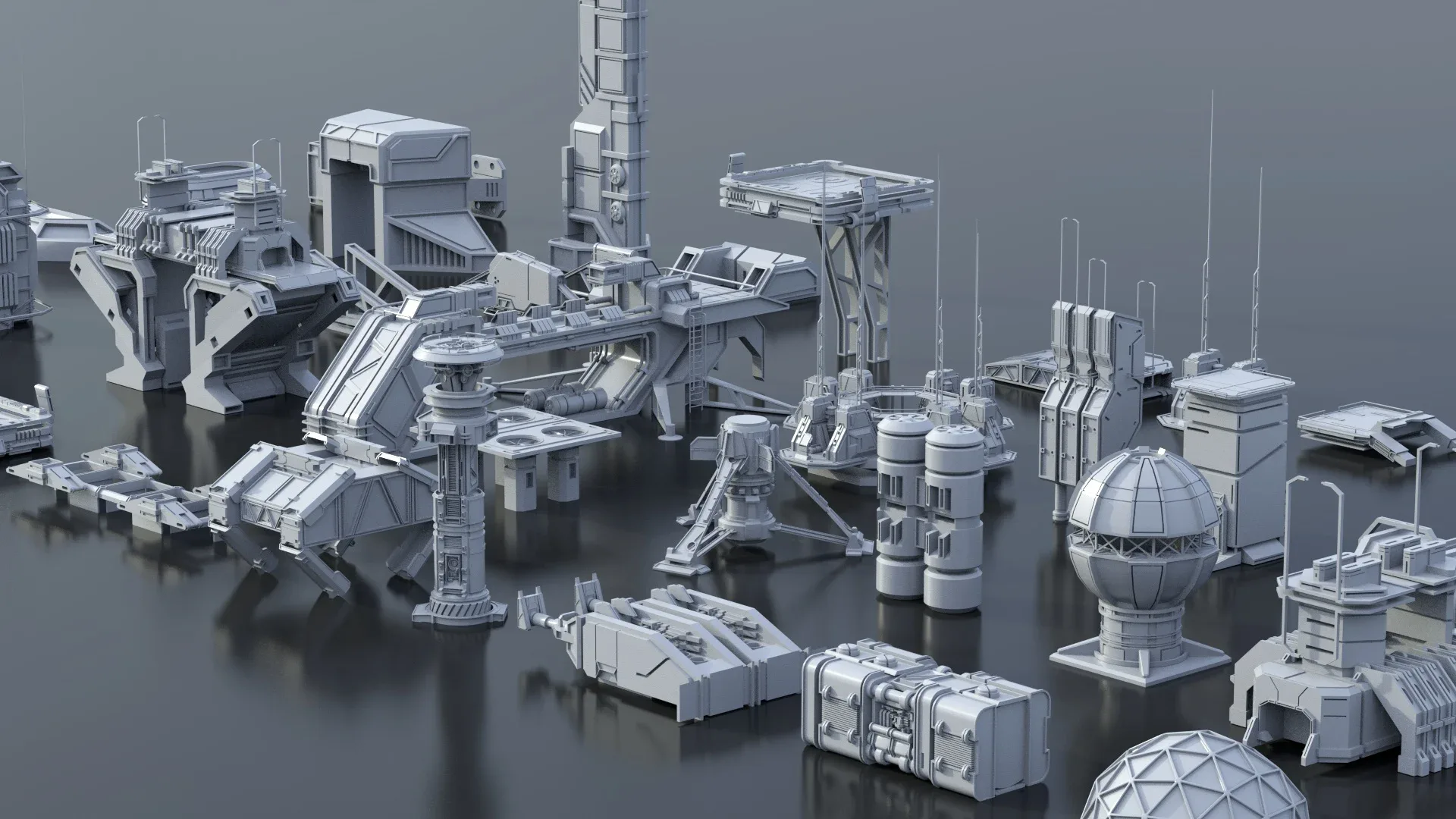 115 Sci-Fi Kitbash Parts and 7 Unique Sci-Fi Buildings - BUNDLE