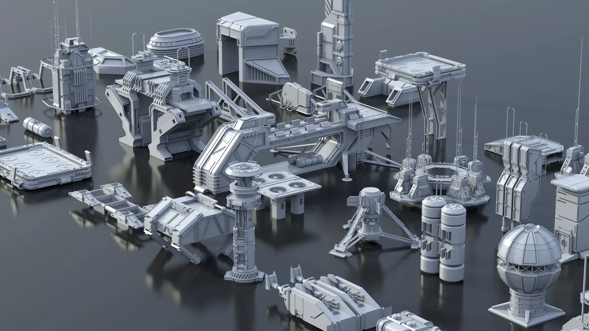 115 Sci-Fi Kitbash Parts and 7 Unique Sci-Fi Buildings - BUNDLE
