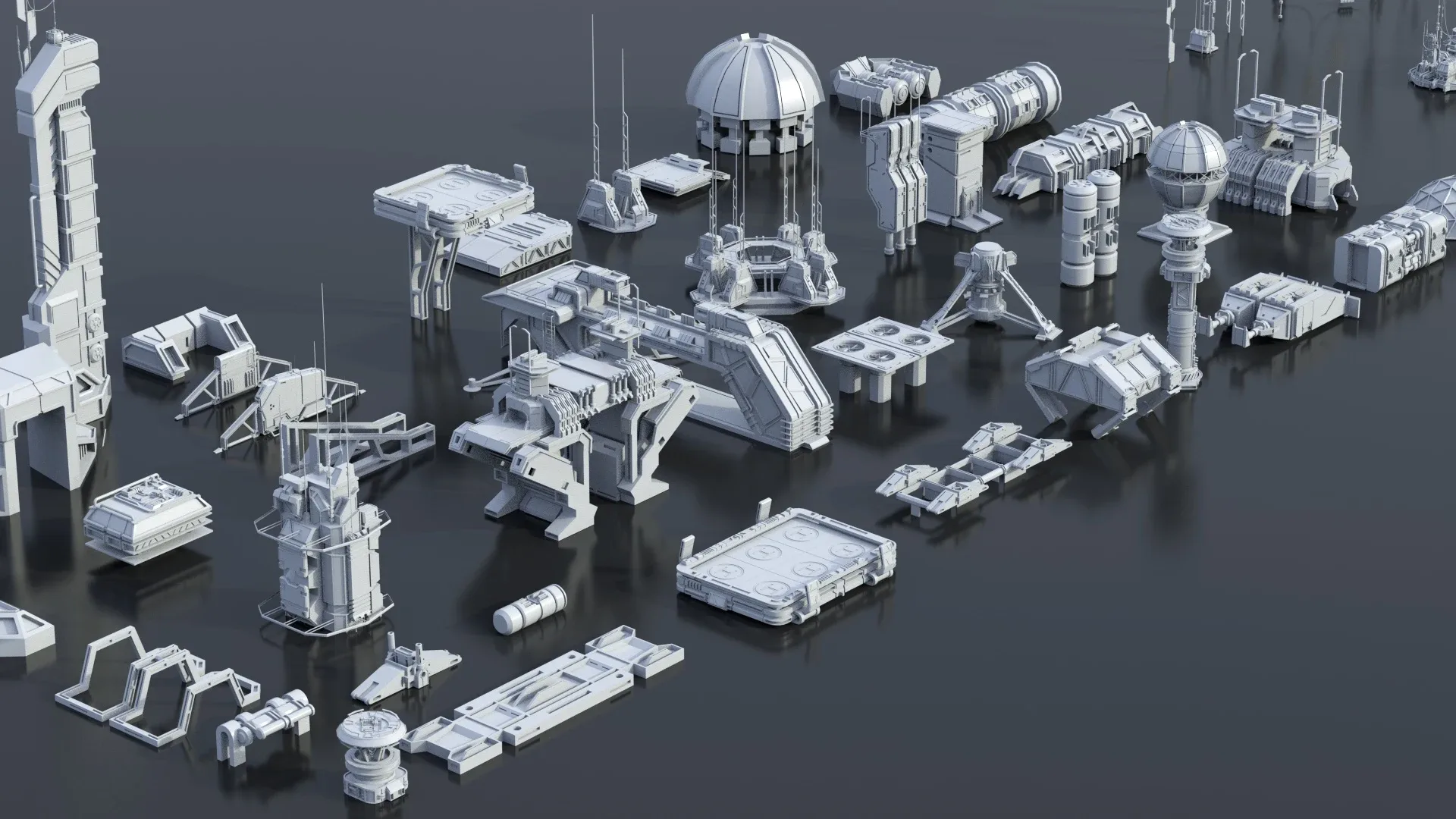 115 Sci-Fi Kitbash Parts and 7 Unique Sci-Fi Buildings - BUNDLE