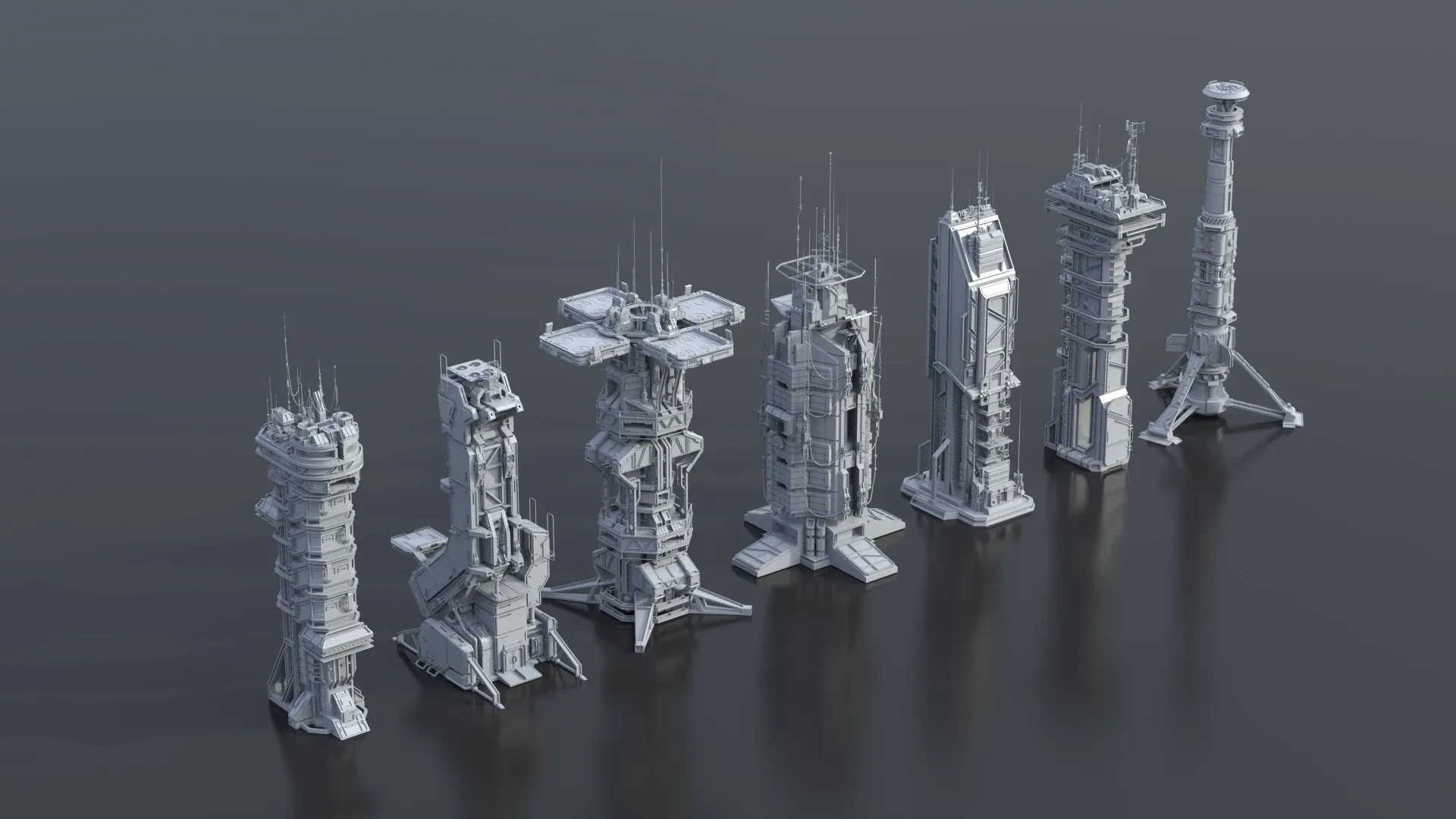 115 Sci-Fi Kitbash Parts and 7 Unique Sci-Fi Buildings - BUNDLE