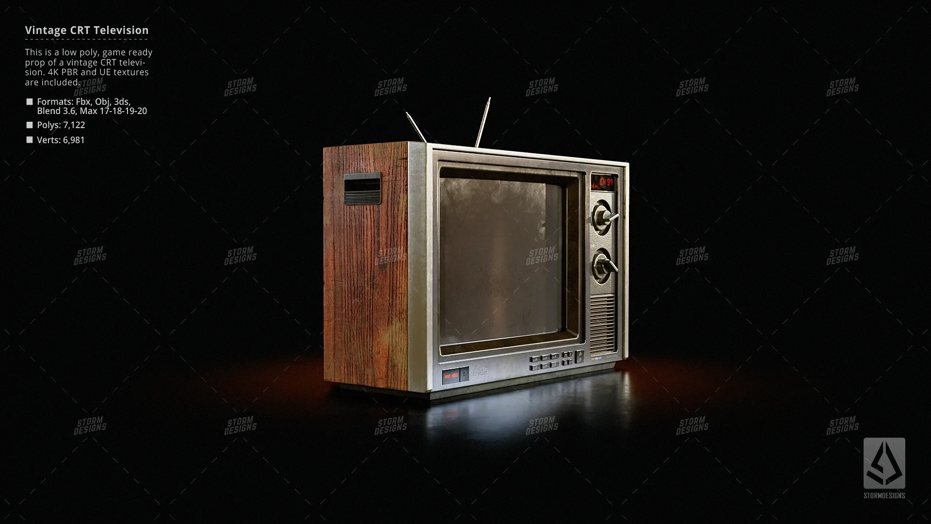 Vintage CRT Television Prop Low Poly PBR UE Textures