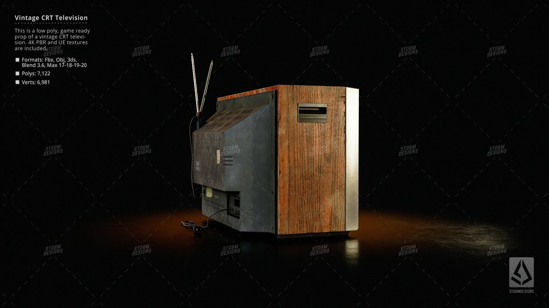Vintage CRT Television Prop Low Poly PBR UE Textures