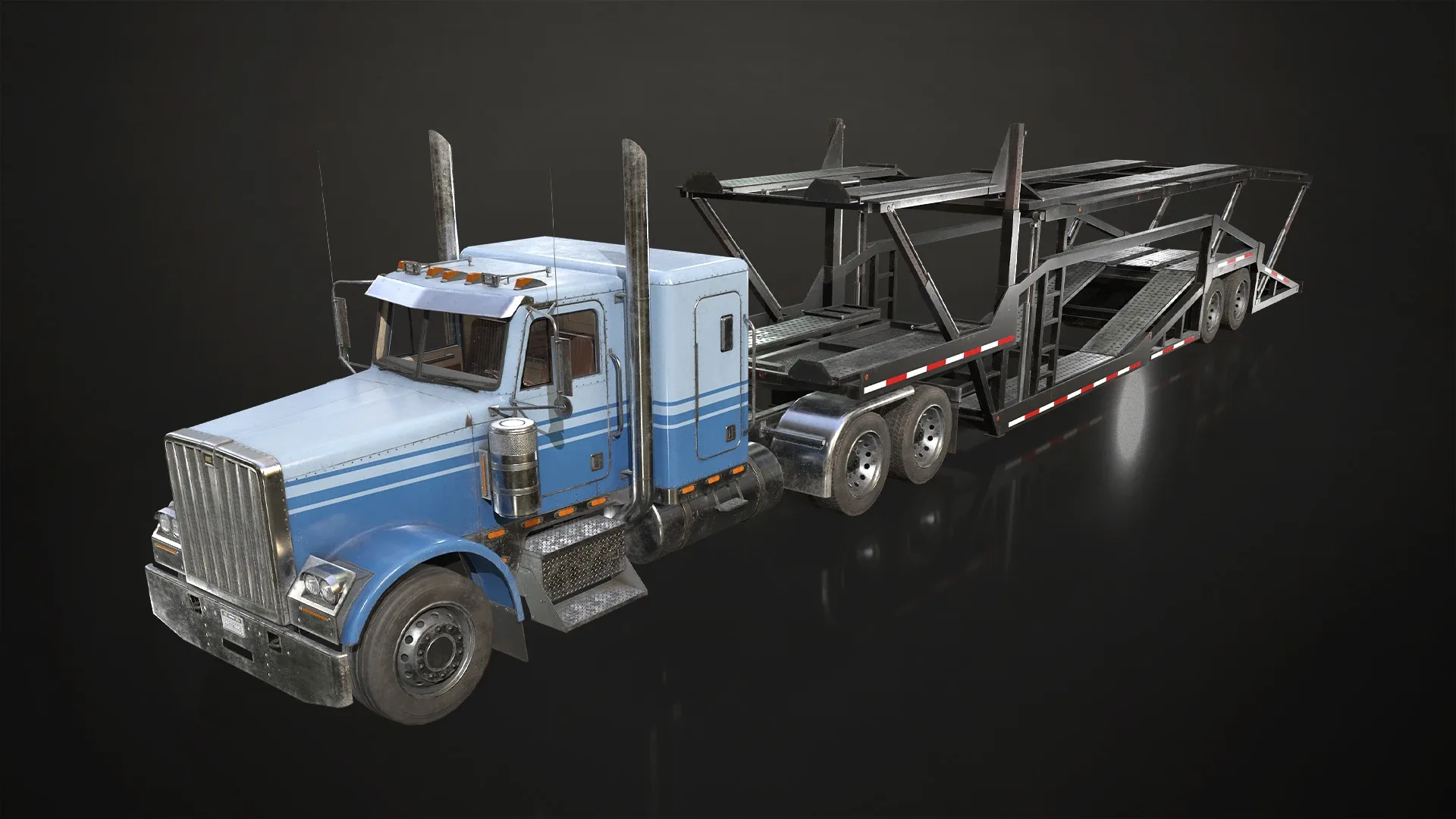 Flat Top Semi Truck Car Carrier Trailer - Low Poly