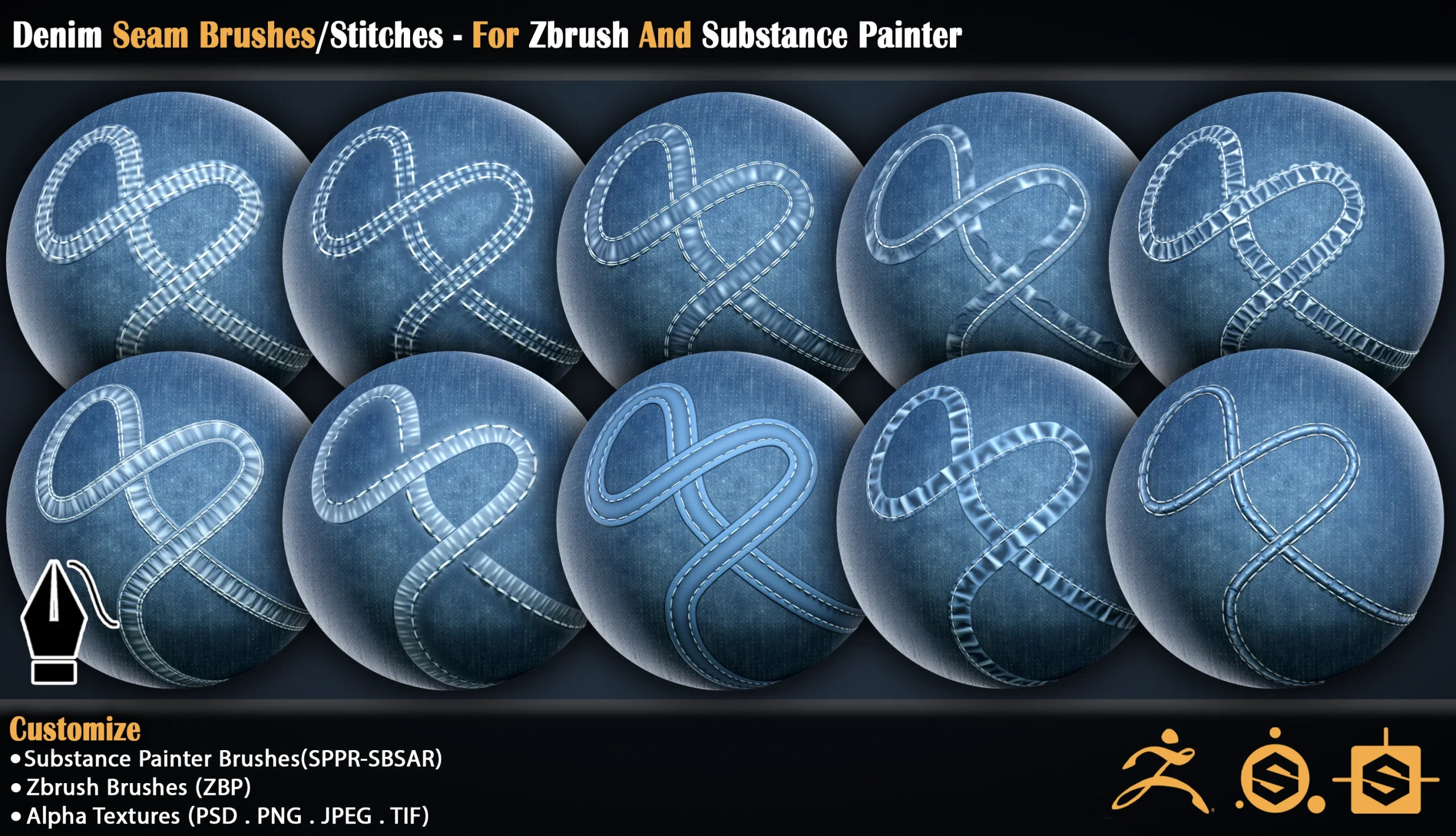 Denim Seam Brushes/Stitches - For Zbrush And Substance Painter (VOL-03)