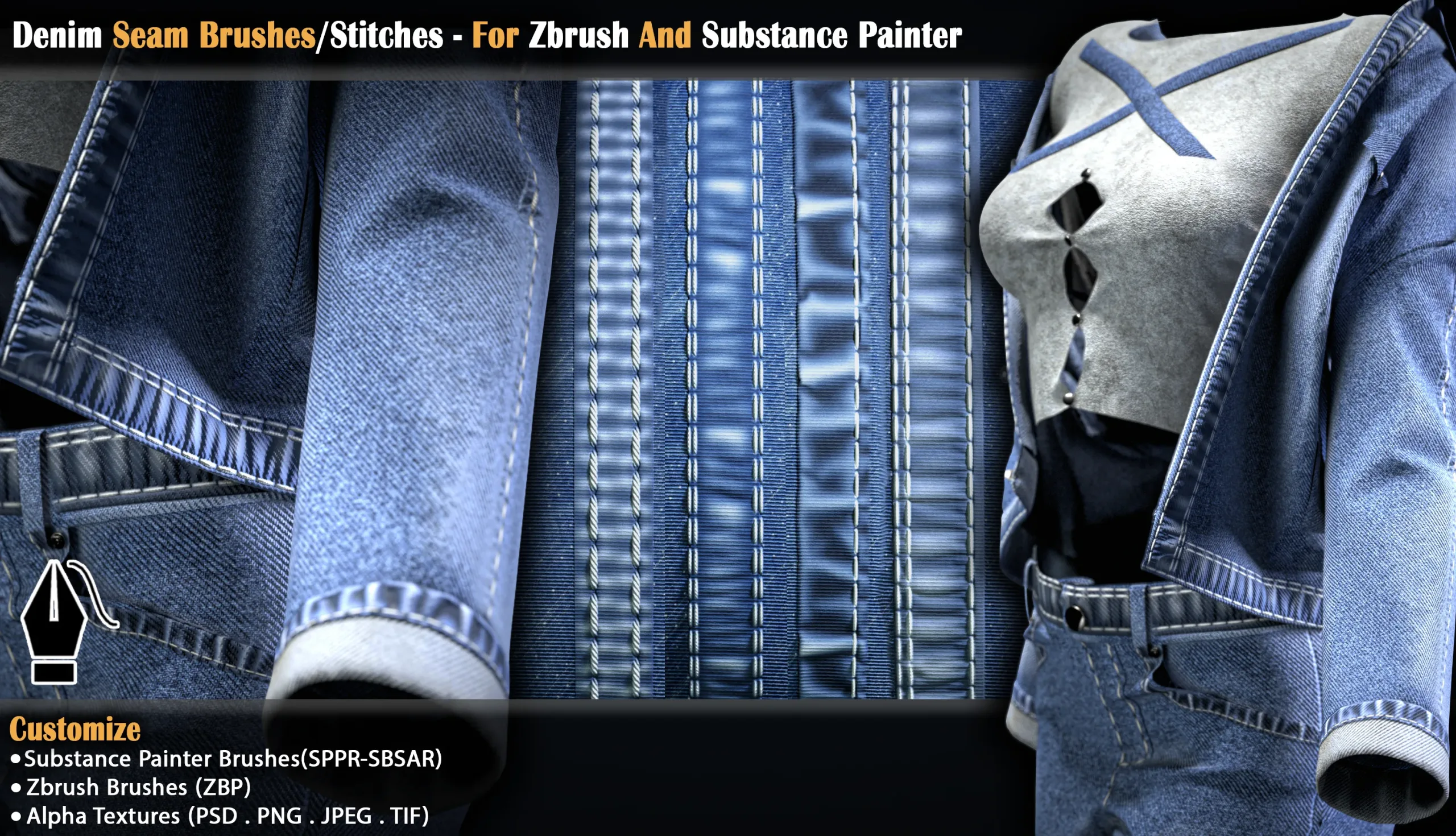 Denim Seam Brushes/Stitches - For Zbrush And Substance Painter (VOL-03)