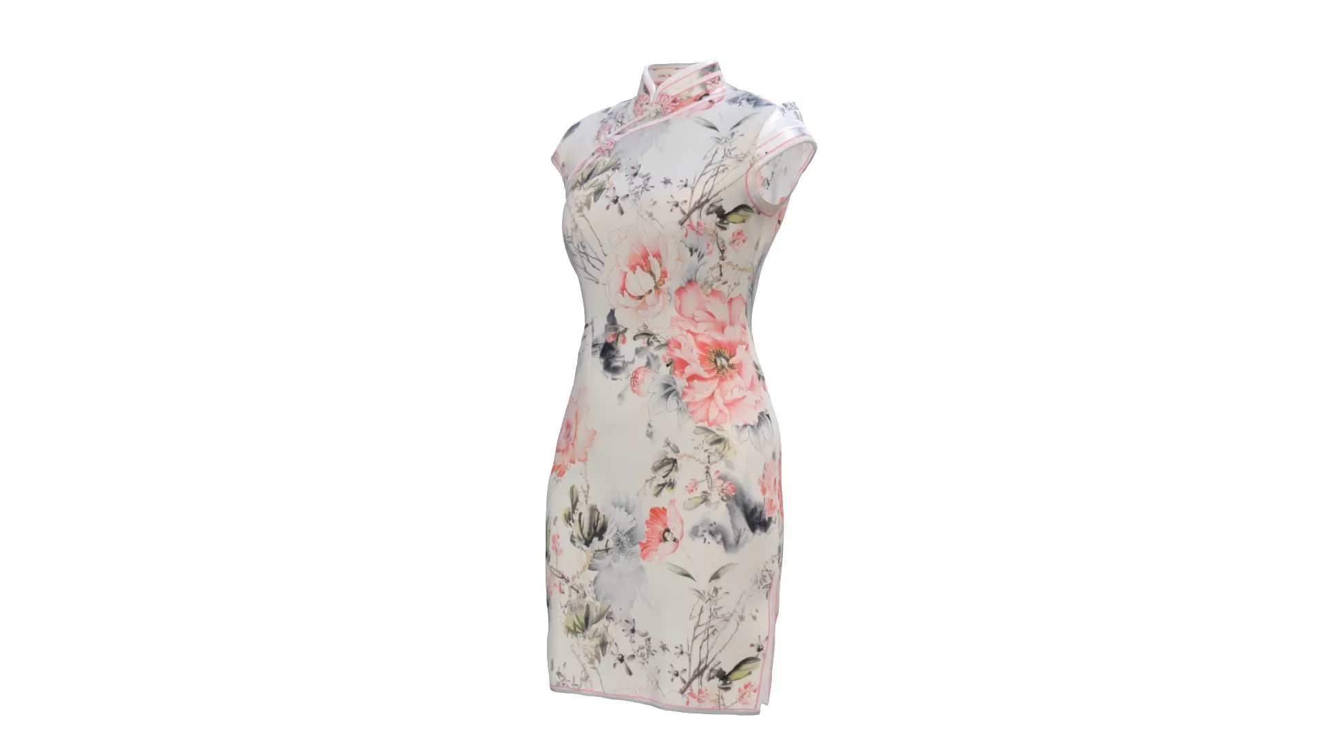 Red Pink Cherry Blossom Off White Dress