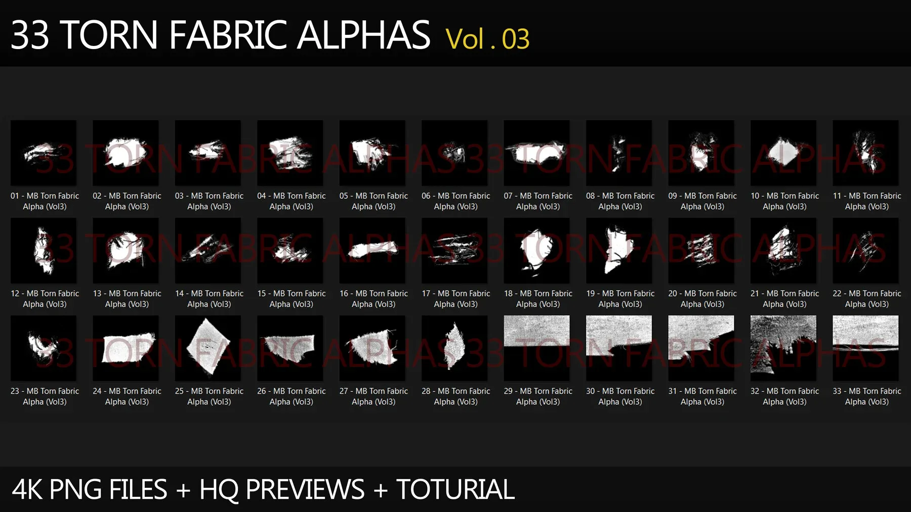 33 Torn Fabric Alphas (Vol.3) + Video Tutorial