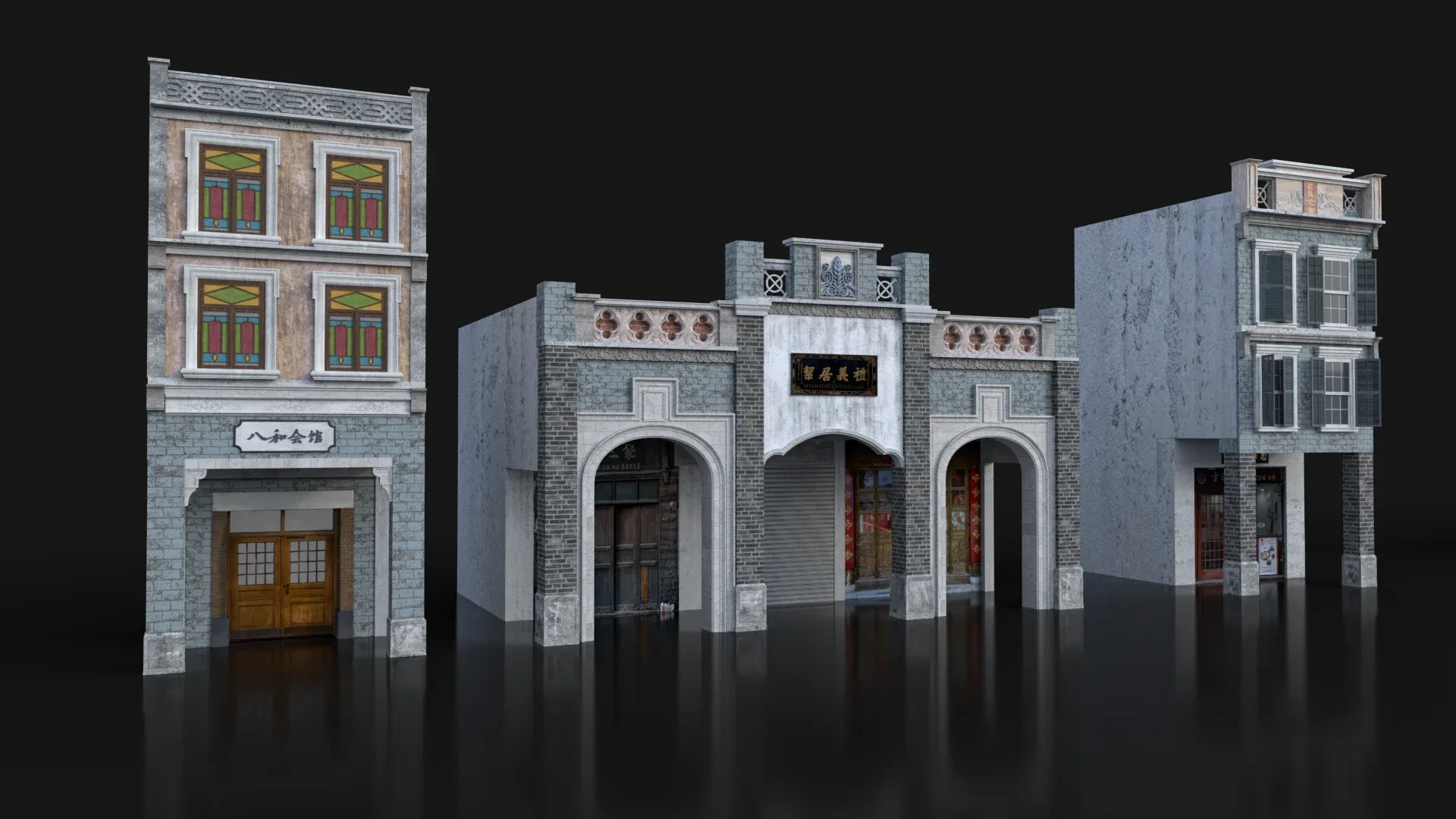 Chinese arcade streets Shophouse Buildings kit