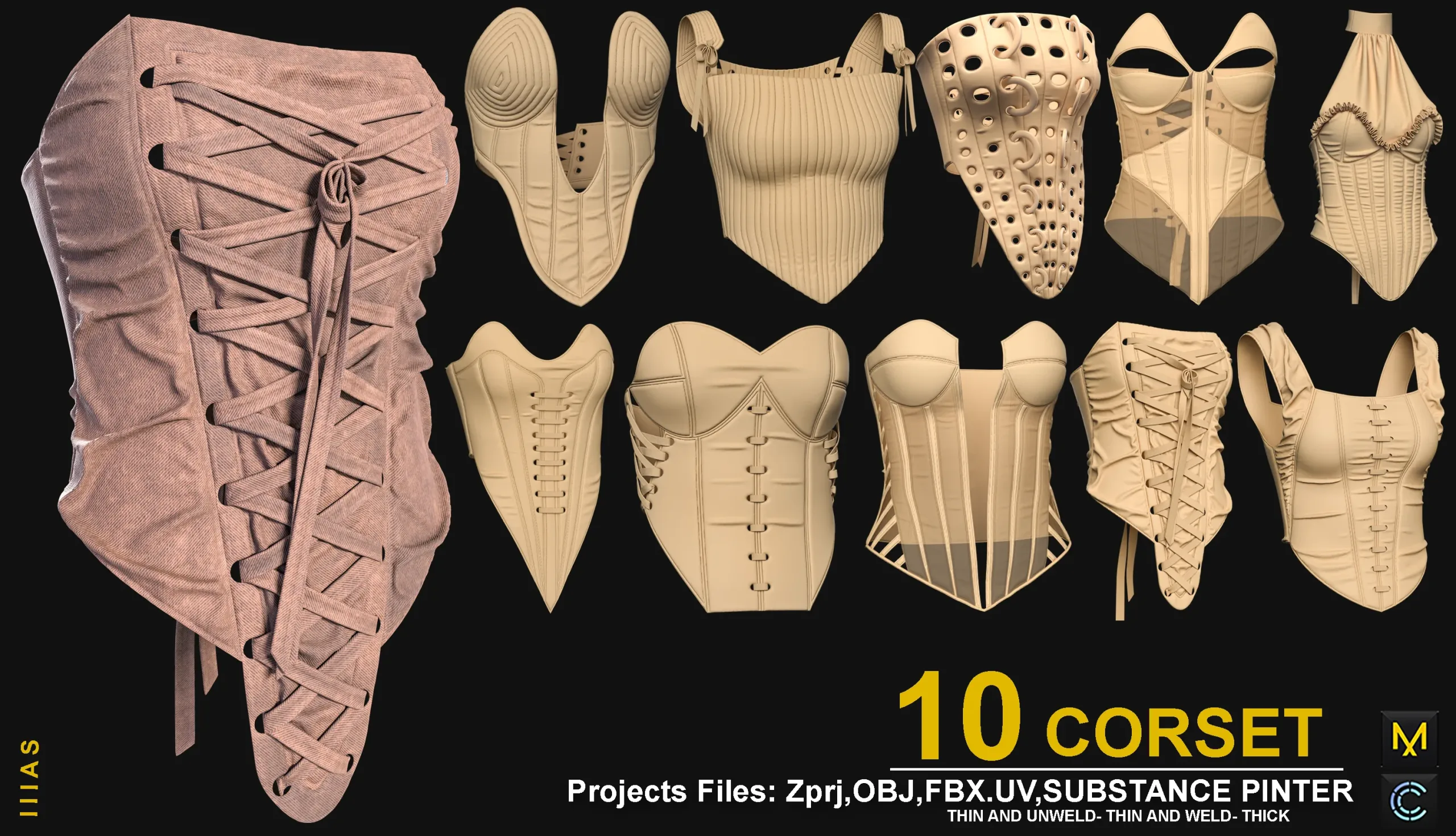 10 CORSET (MARVELOUS DESIGNER AND CLO3D)ZPRJ, OBJ, FBX,UV