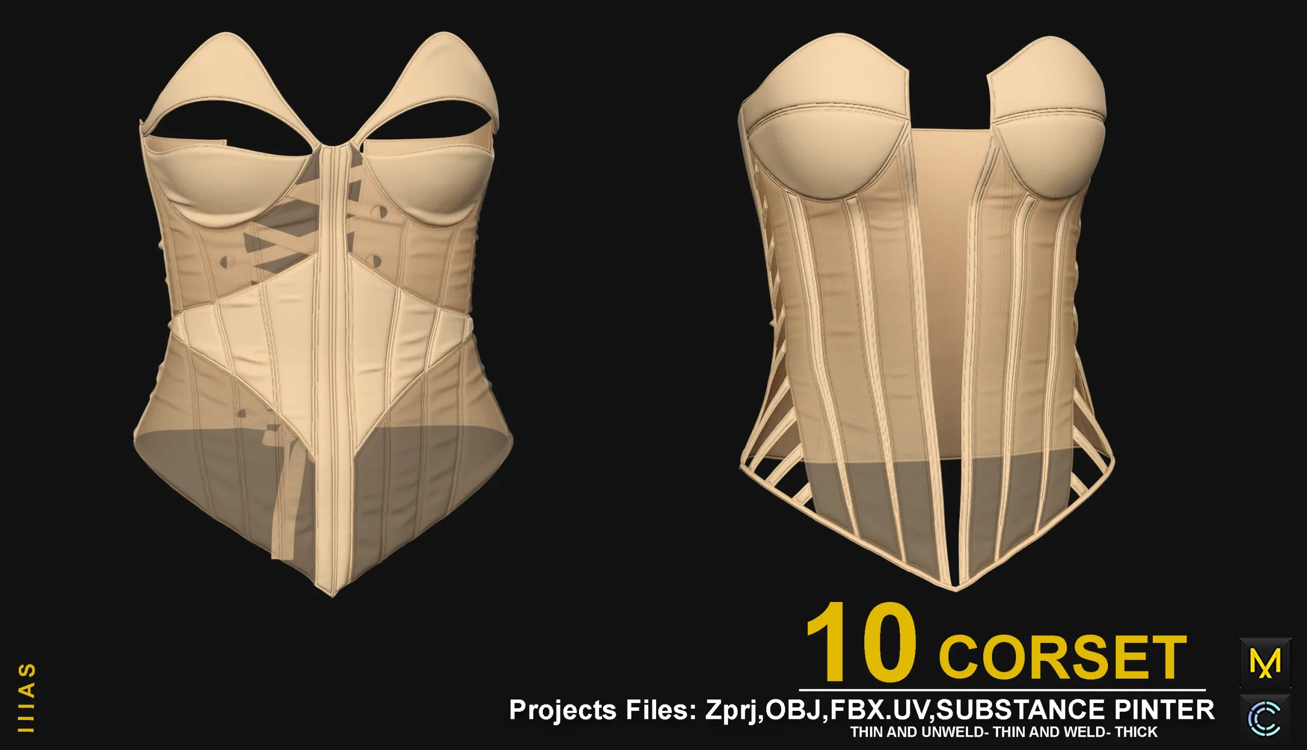 10 CORSET (MARVELOUS DESIGNER AND CLO3D)ZPRJ, OBJ, FBX,UV