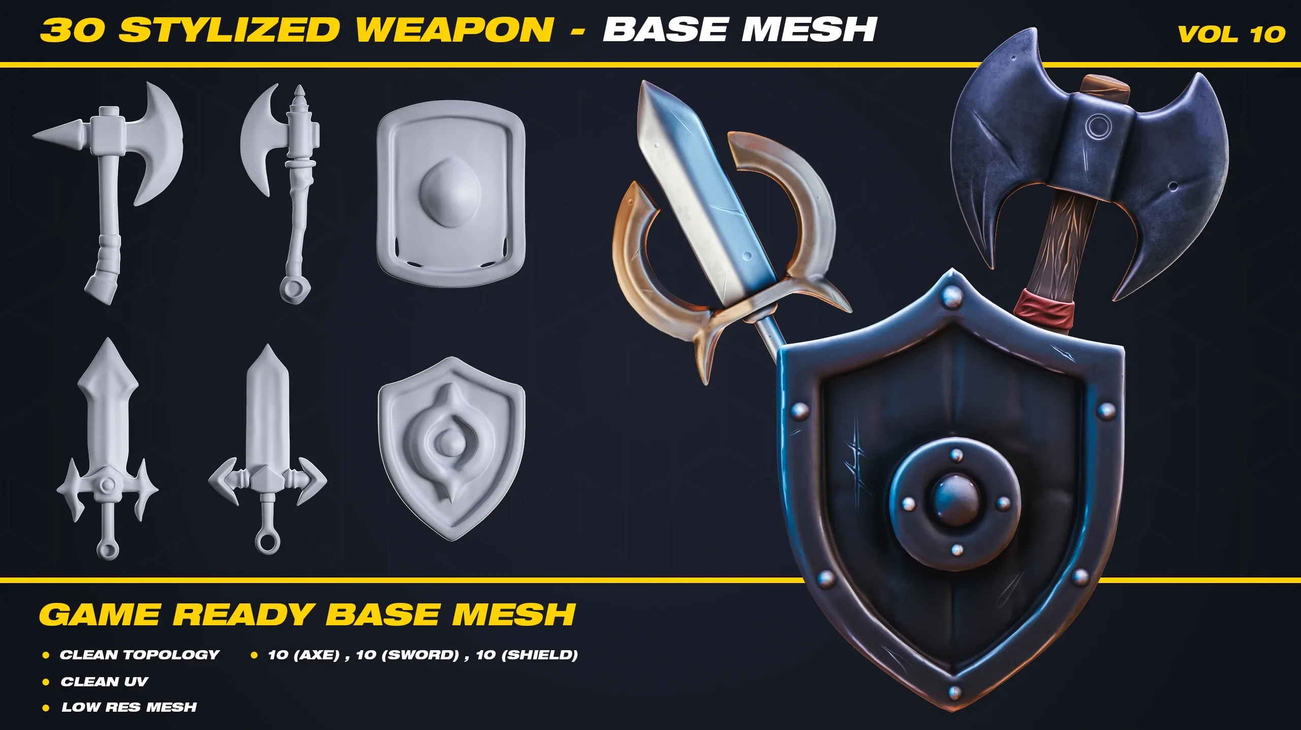 30 Stylized Weapon Base Mesh - VOL 10 ( Game Ready )